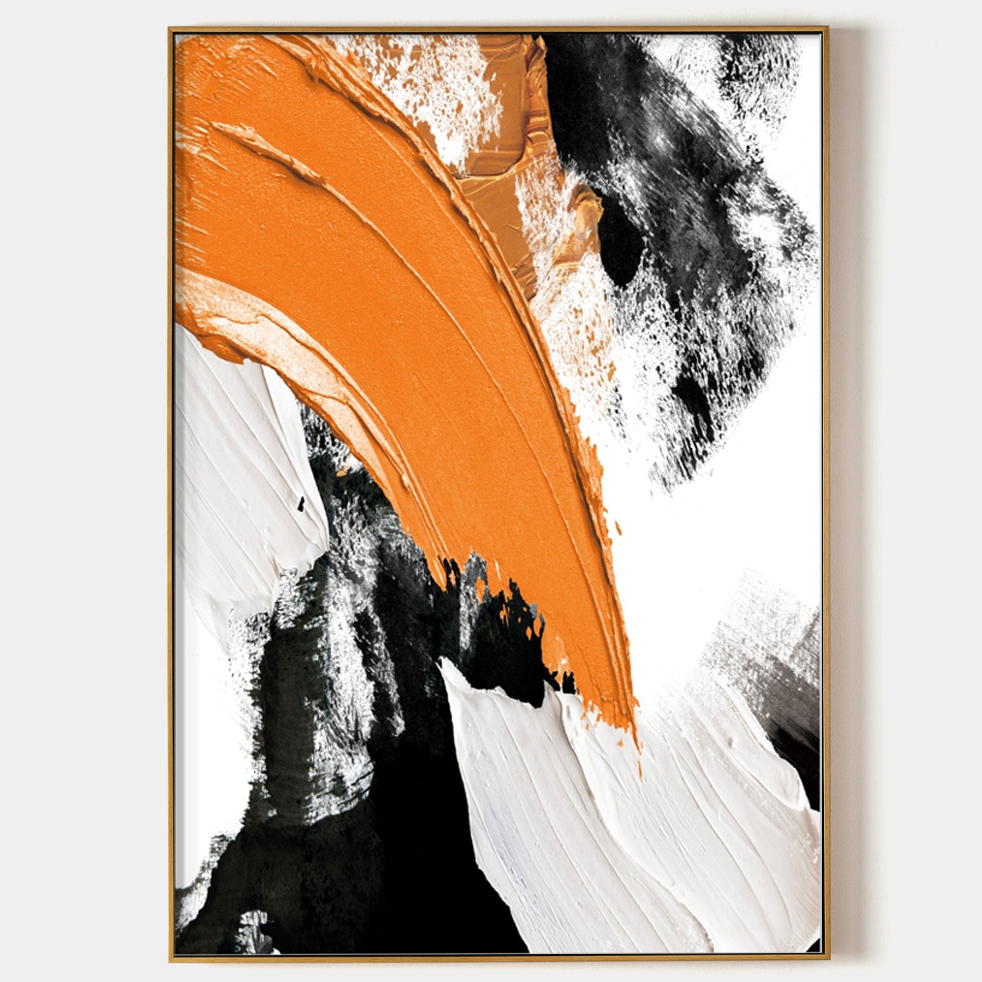 Original hand painted ochre orange black white abstract oil painting canvas wall art, modern scandinavian elegant luxury bold brushstro