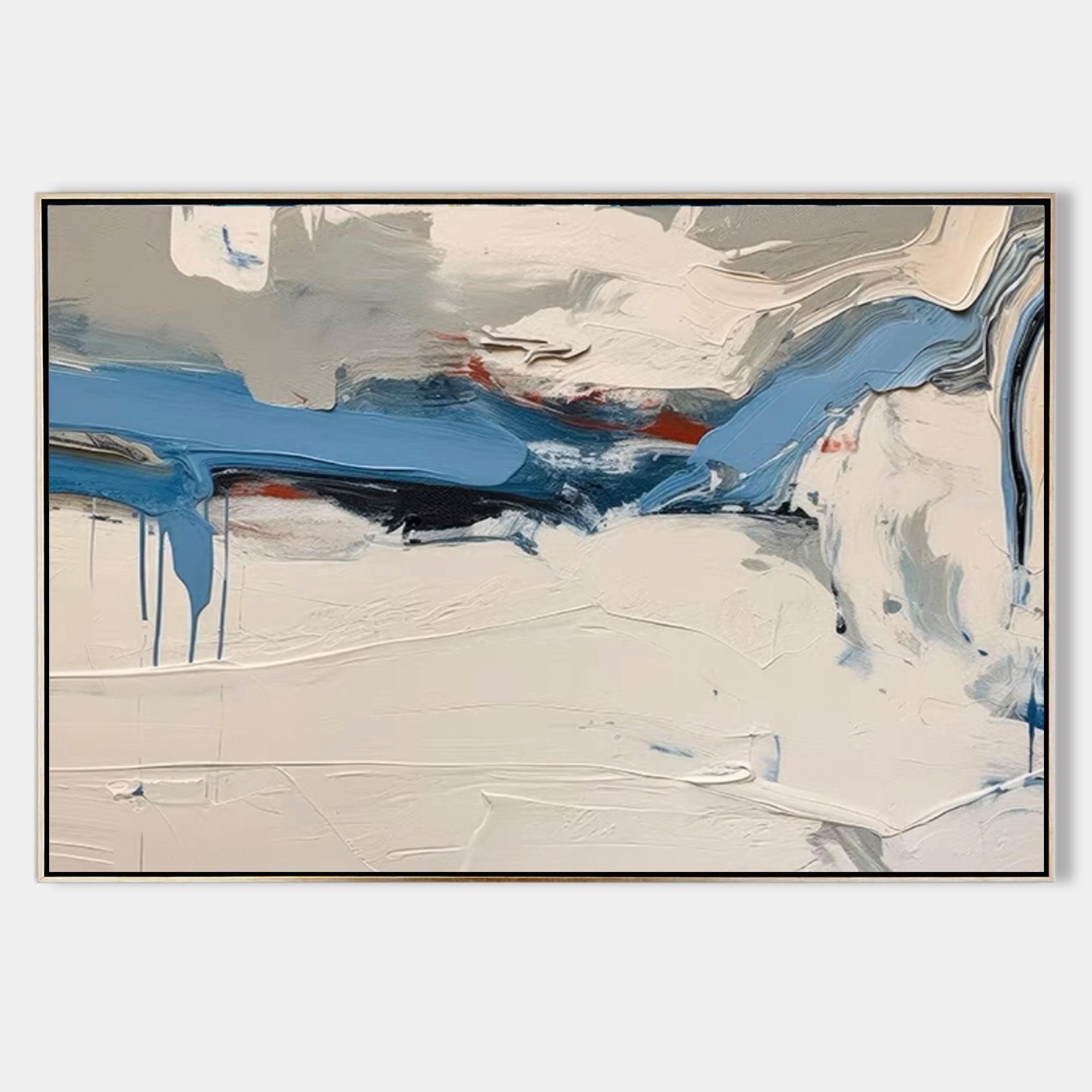 Original hand painted blue ivory abstract coastal oil painting canvas wall art, nordic scandinavian minimalist elegant luxury modern li