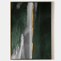 Original hand painted emerald green abstract oil painting canvas wall art with silver grey and gold accents, nordic scandinavian elegan