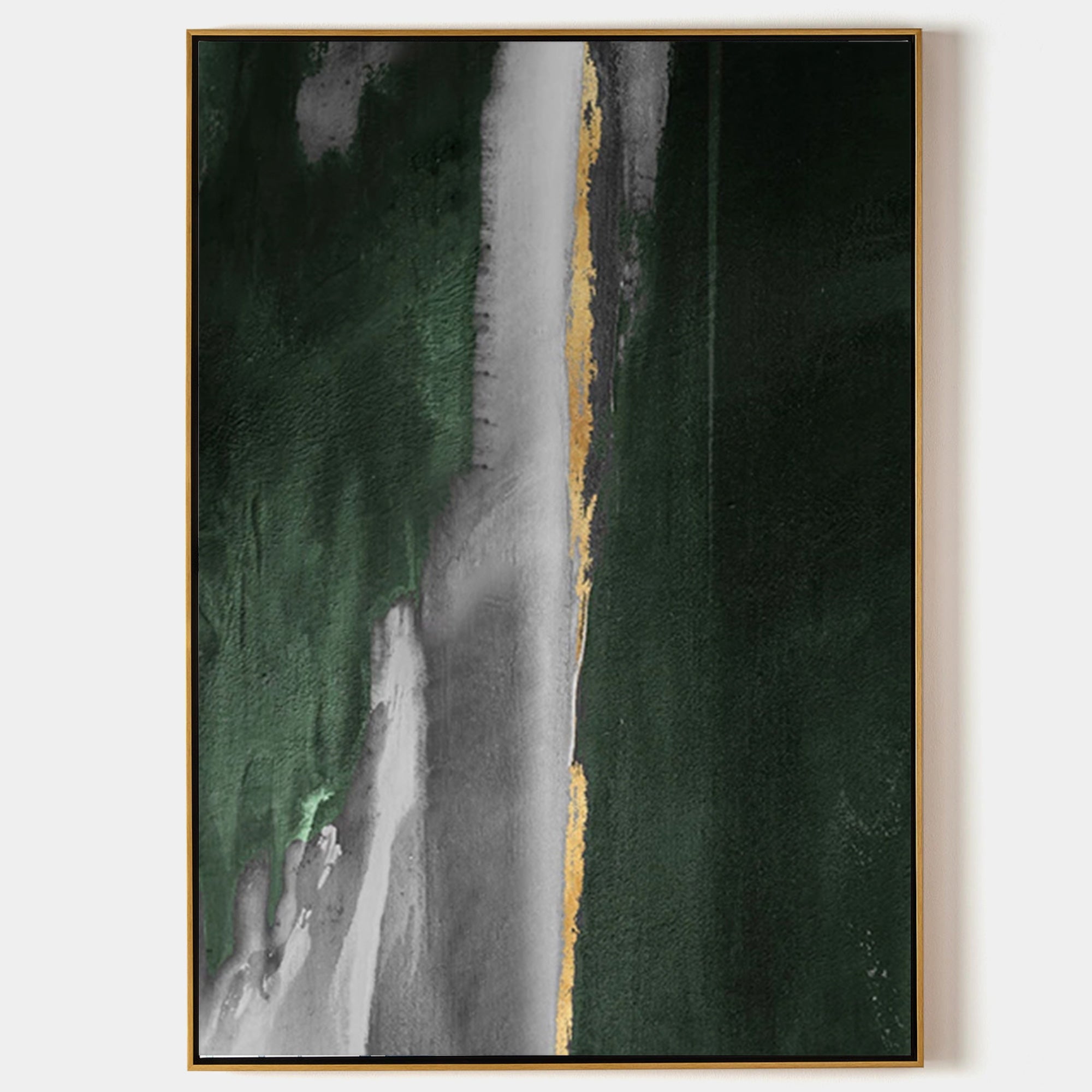 Original hand painted emerald green abstract oil painting canvas wall art with silver grey and gold accents, nordic scandinavian elegan