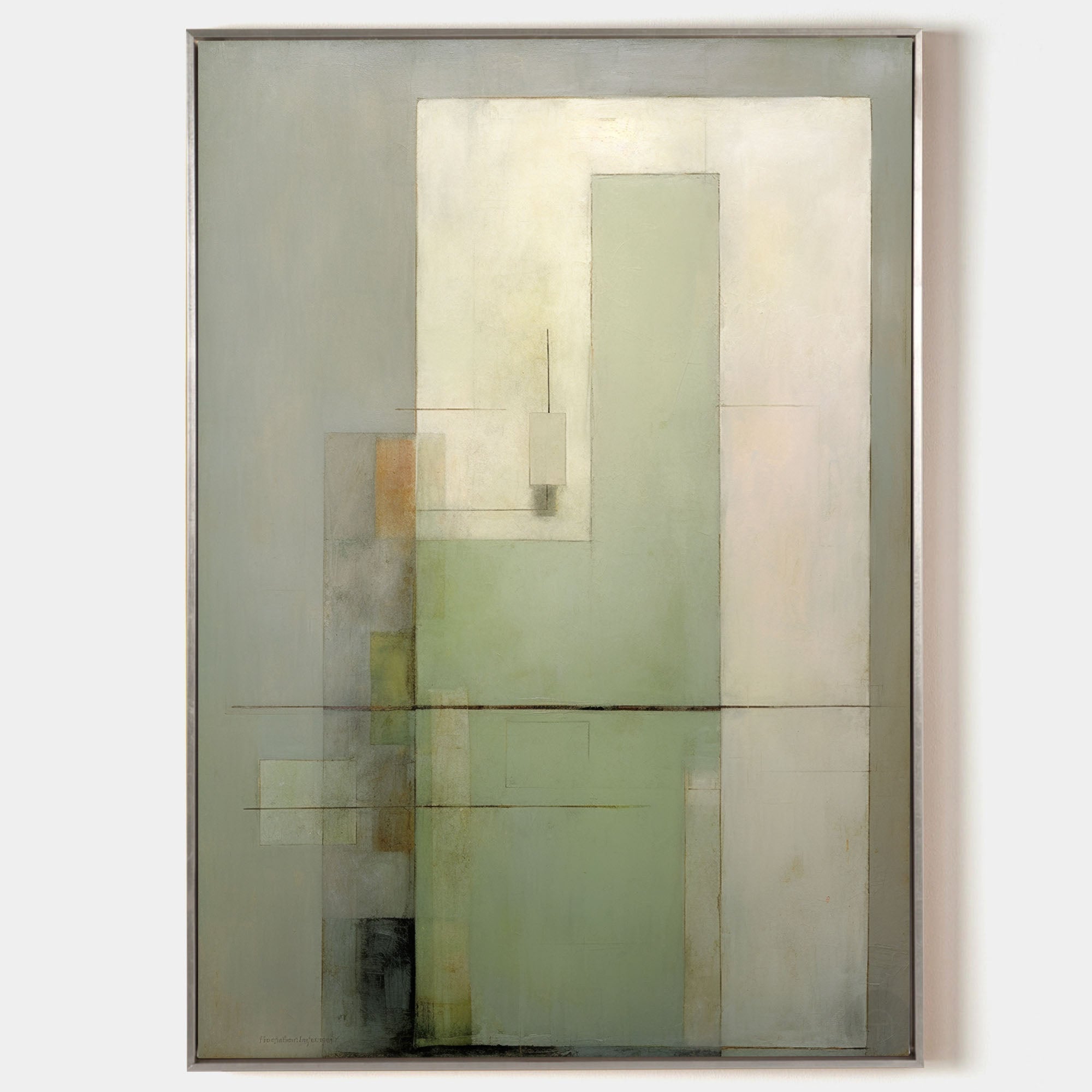 Original hand painted sage green ivory geometric abstract oil painting canvas wall art, nordic scandinavian minimalist elegant luxury m