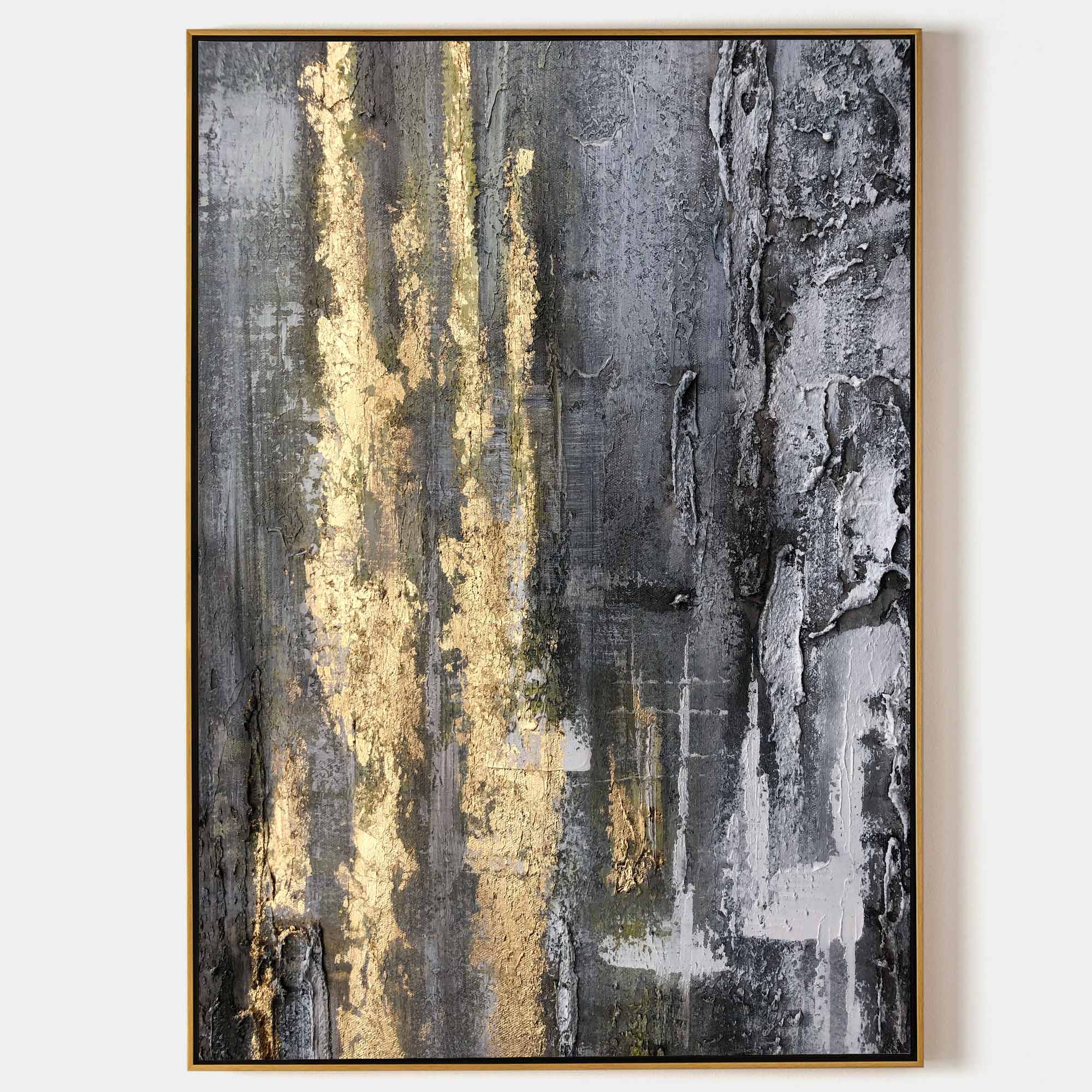 Original hand painted gold and charcoal grey textured abstract oil painting canvas wall art, nordic scandinavian elegant luxury modern