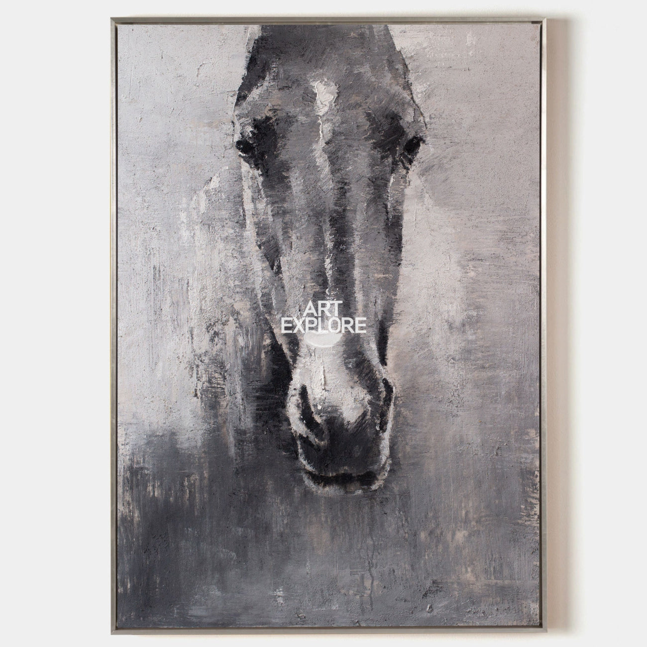 Original hand painted dark horse abstract oil painting canvas wall art, nordic scandinavian elegant luxury modern living room interior