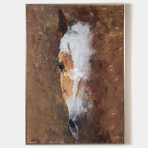 Original hand painted white horse abstract oil painting canvas wall art, warm amber rust tones, elegant luxury modern nordic scandinavi