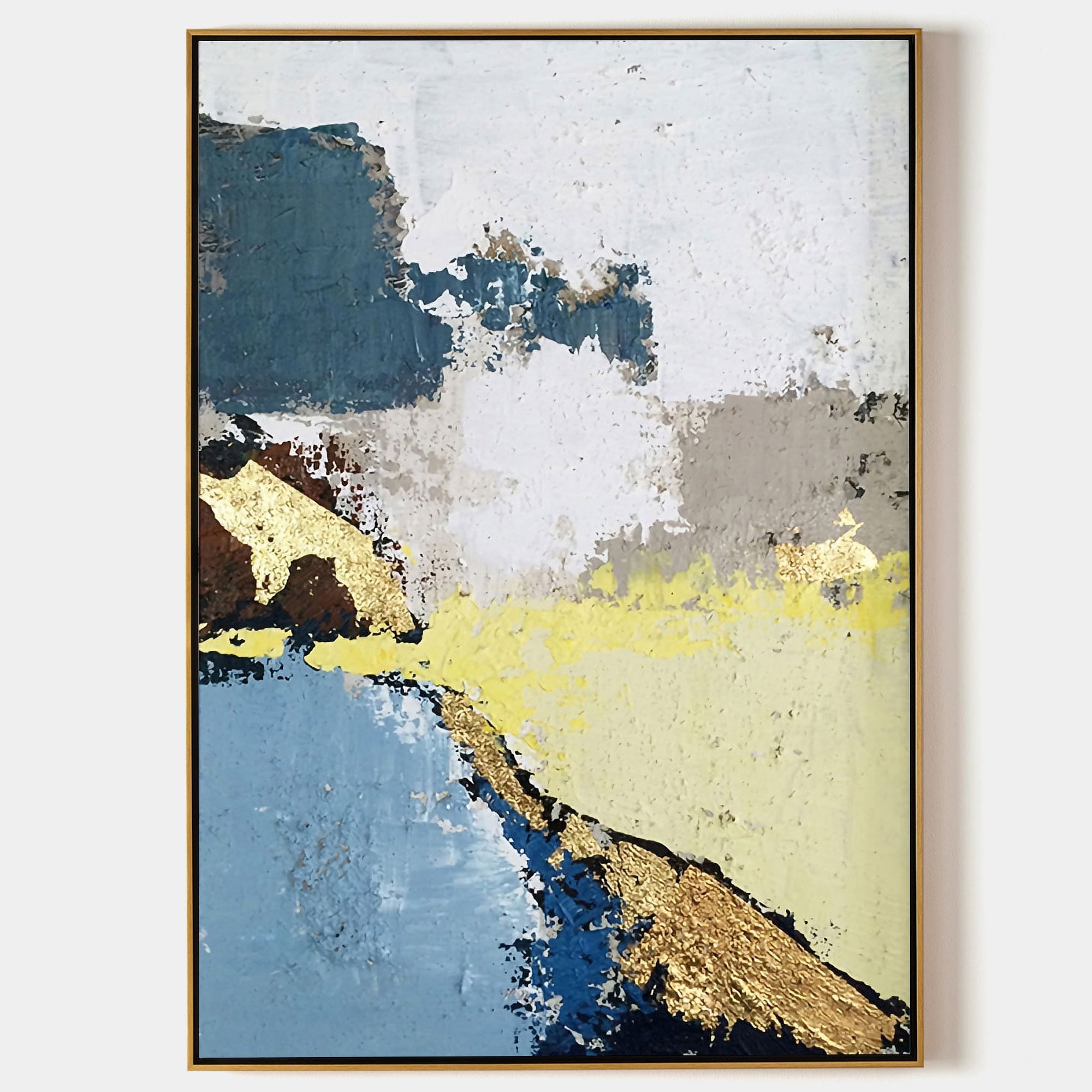 Original hand painted teal blue gold abstract oil painting canvas wall art, nordic scandinavian elegant luxury modern living room inter