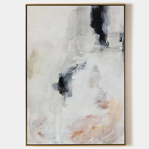 Original hand painted ivory charcoal abstract oil painting canvas wall art, nordic scandinavian minimalist elegant luxury modern living