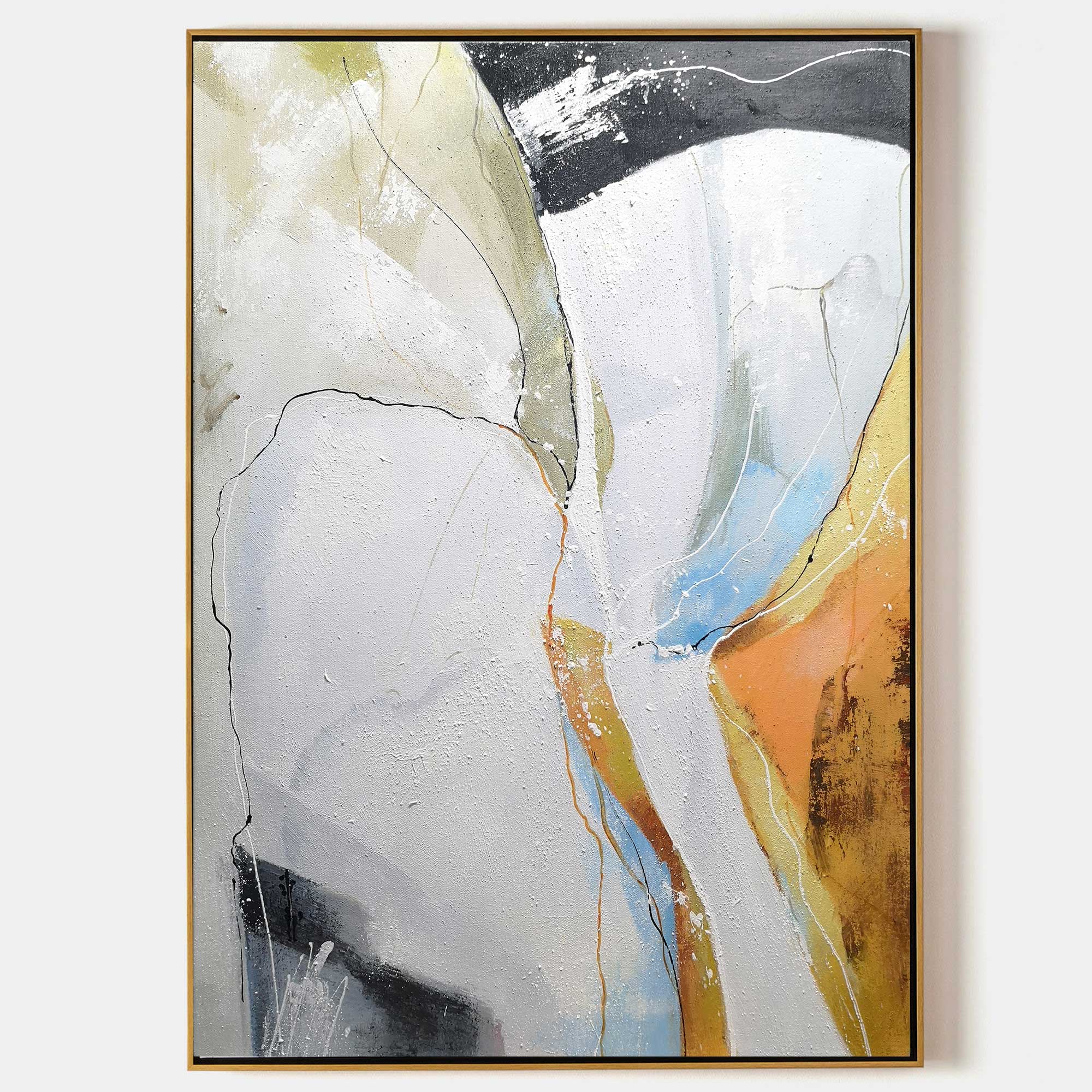 Original hand painted ochre white abstract oil painting canvas wall art, nordic scandinavian elegant luxury modern living room interior