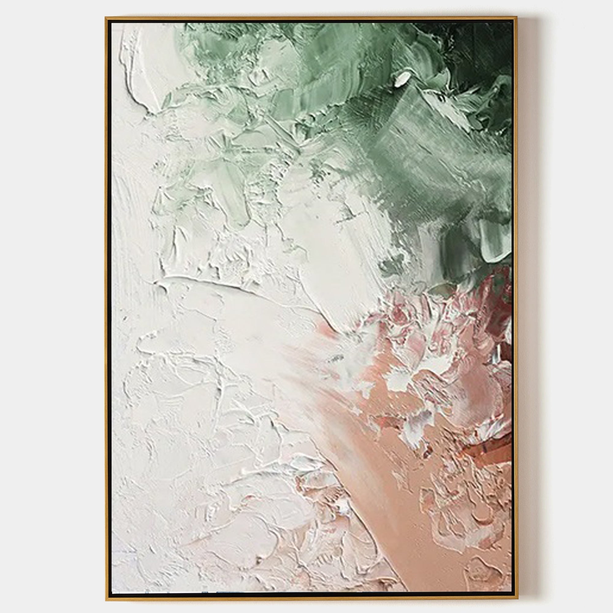 Original hand painted sage green blush pink white impasto abstract oil painting canvas wall art, nordic scandinavian elegant luxury mod