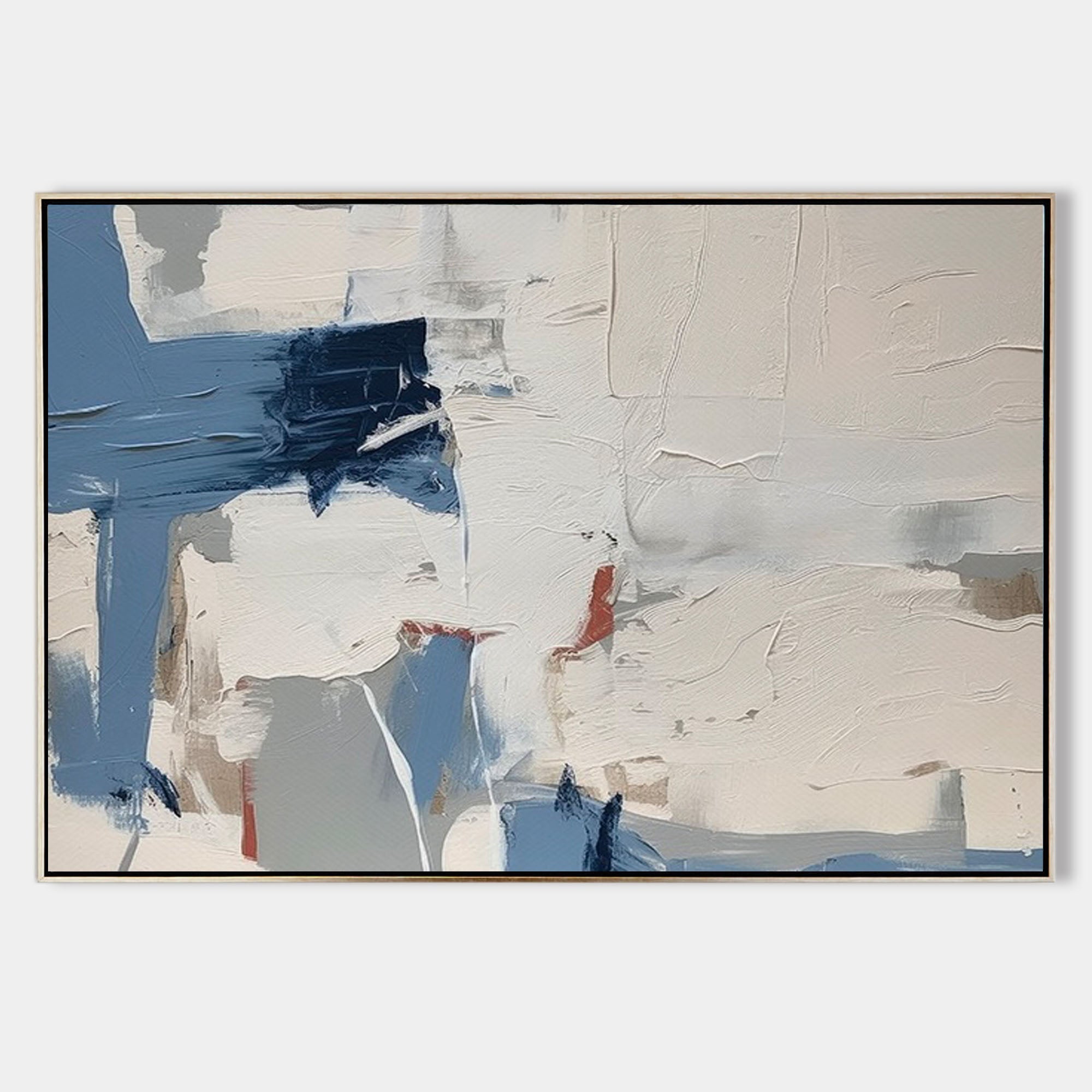 Original hand painted slate blue navy ivory abstract oil painting canvas wall art, nordic scandinavian minimalist elegant luxury modern