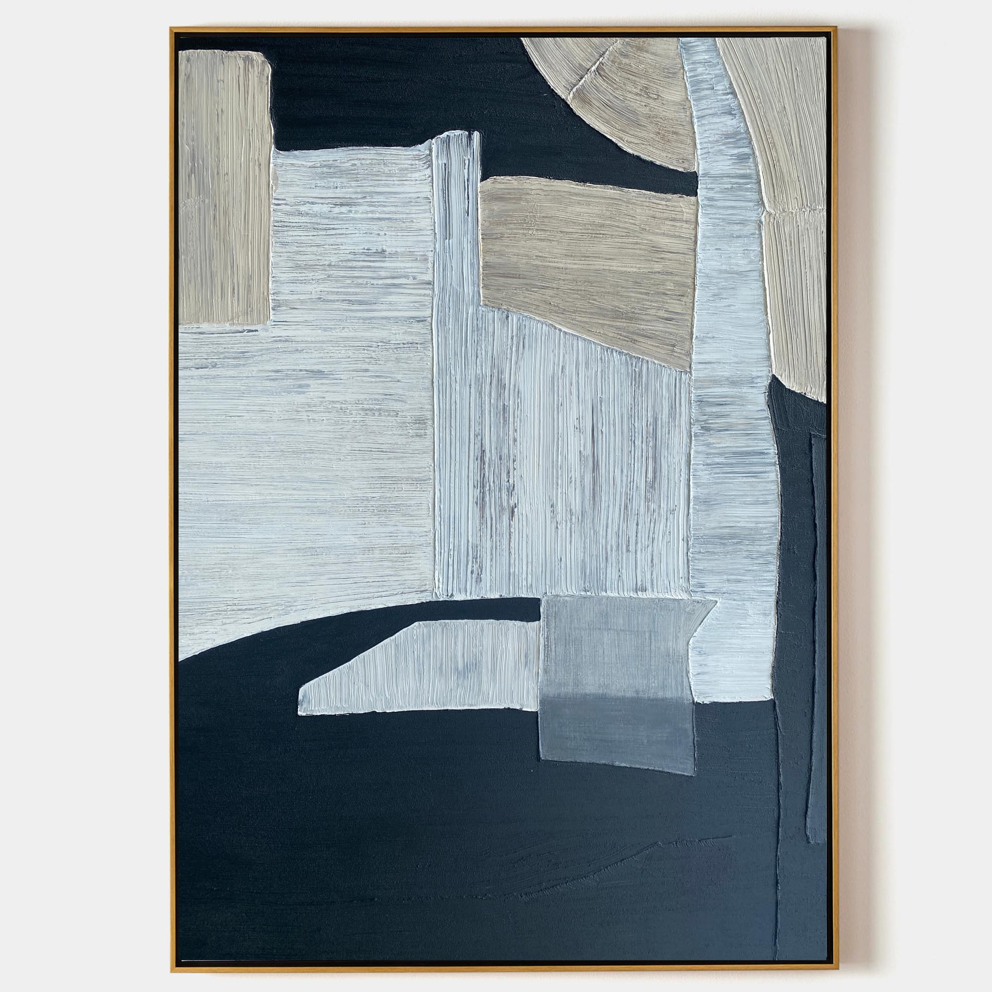 Original hand painted navy blue grey geometric abstract oil painting canvas wall art, nordic scandinavian minimalist elegant luxury mod