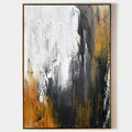 Hand painted original abstract oil painting canvas, black white amber gold textured vertical strokes, elegant modern nordic scandinavia