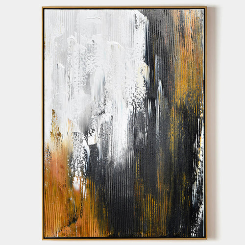 Hand painted original abstract oil painting canvas, black white amber gold textured vertical strokes, elegant modern nordic scandinavia