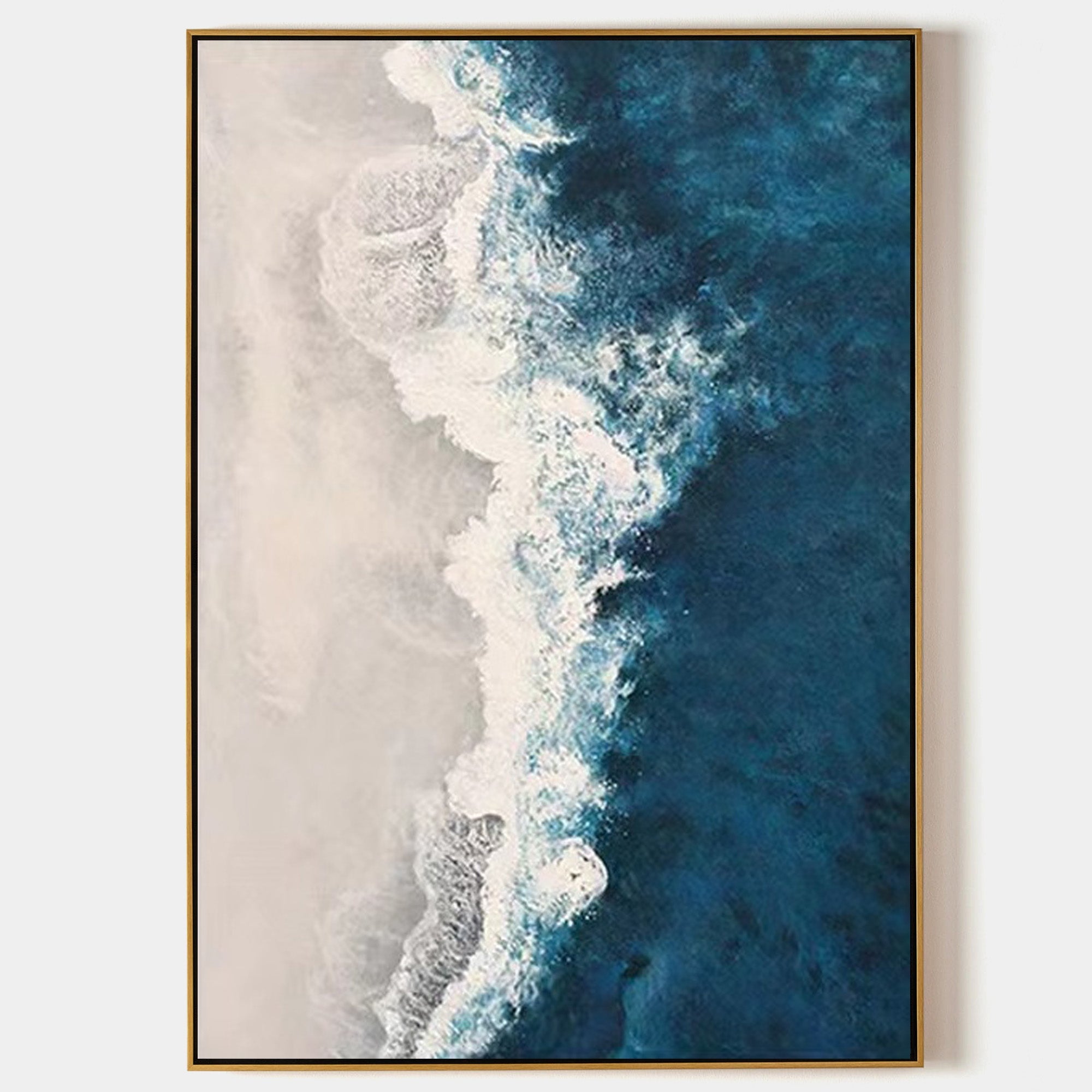 Original hand painted teal blue ocean waves coastal oil painting canvas wall art, nordic scandinavian minimalist elegant luxury modern
