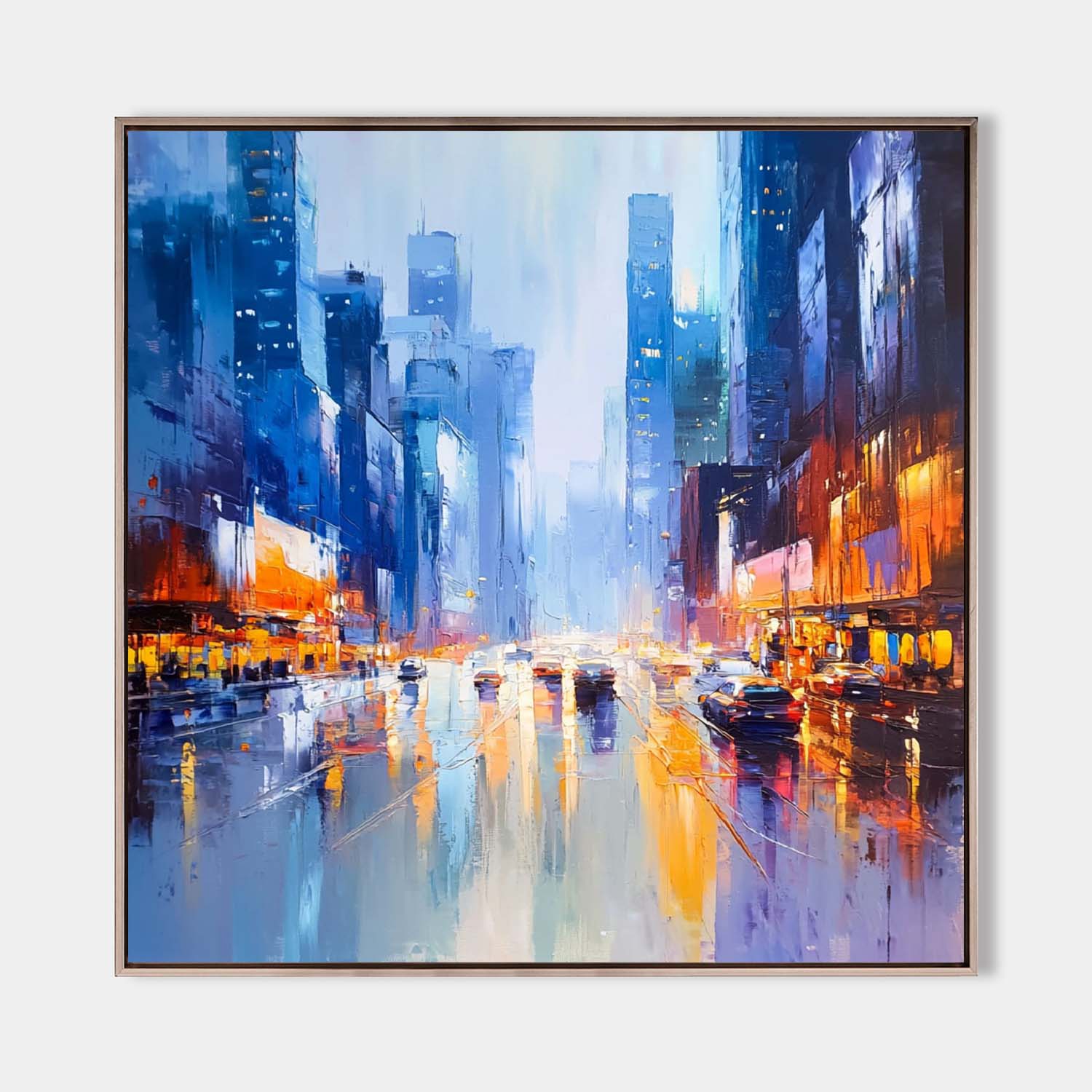 Original hand painted blue amber rainy city abstract oil painting canvas wall art, modern elegant luxury urban interior design home dec