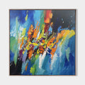 Original hand painted abstract oil painting canvas, vibrant blue orange yellow red brushstrokes, luxury modern elegant nordic home deco