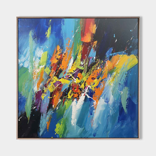 Original hand painted abstract oil painting canvas, vibrant blue orange yellow red brushstrokes, luxury modern elegant nordic home deco