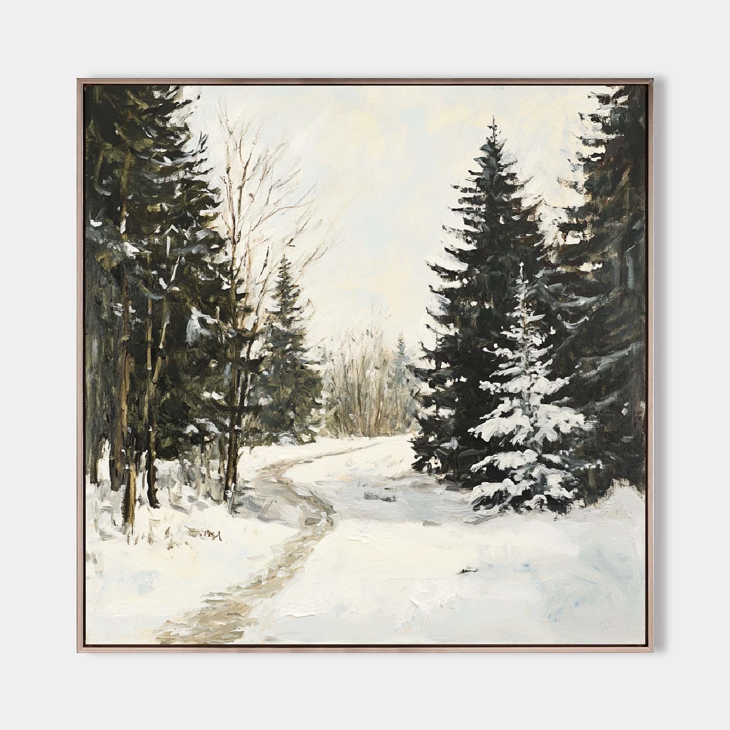 Original hand painted ivory and forest green winter snow path oil painting canvas wall art, nordic scandinavian elegant luxury minimali