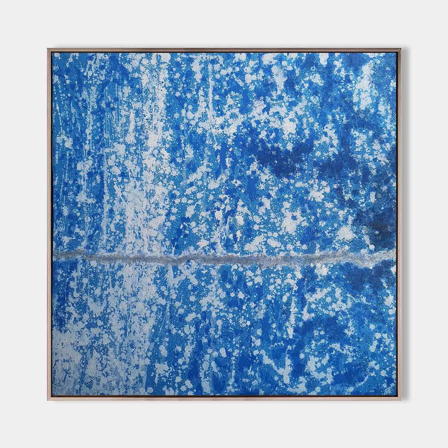 Original hand painted cobalt blue abstract oil painting canvas wall art, white splatter silver horizon coastal nordic scandinavian eleg