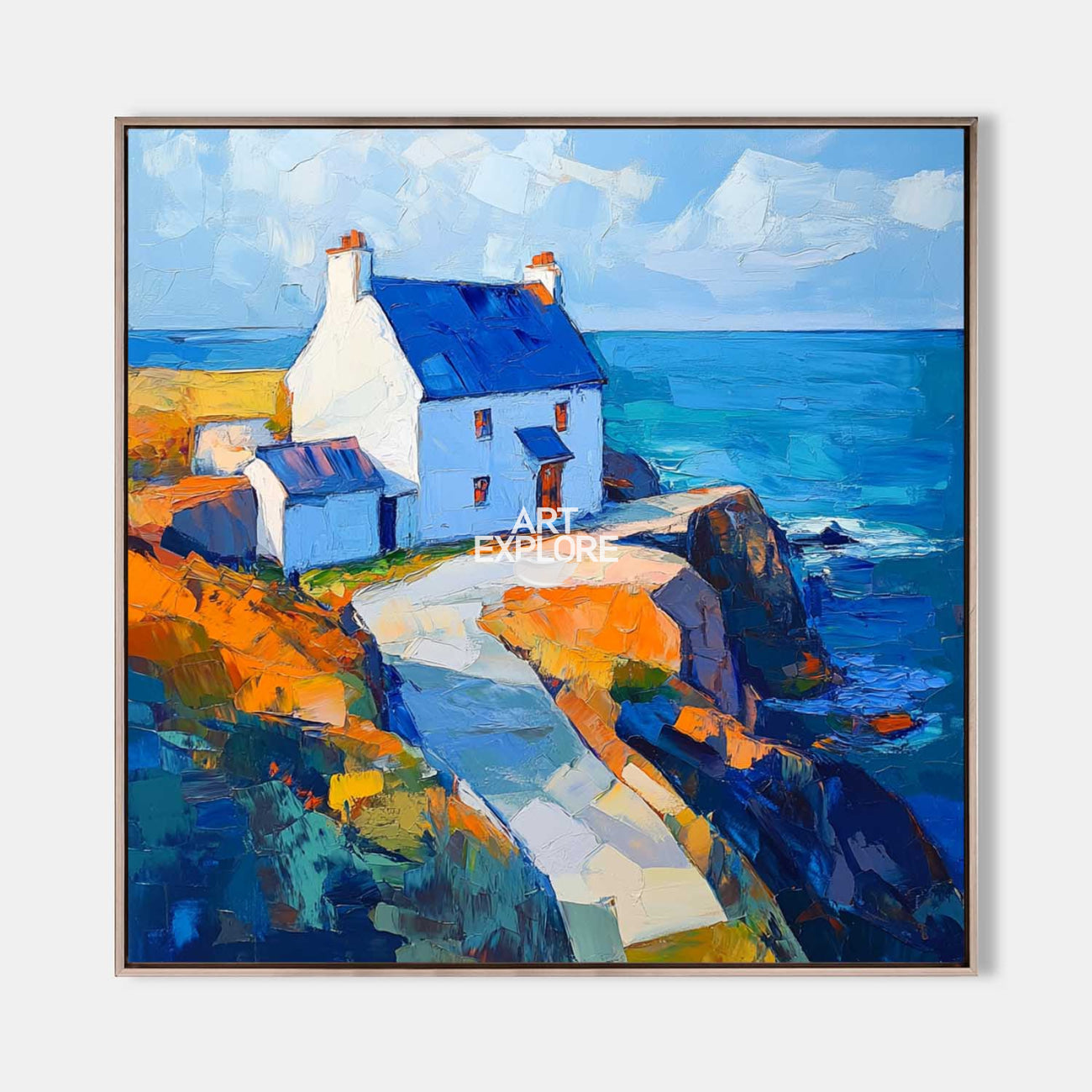 Original hand painted coastal oil painting canvas, white cottage ochre cliffs deep blue ocean, elegant modern nordic luxury wall art ho