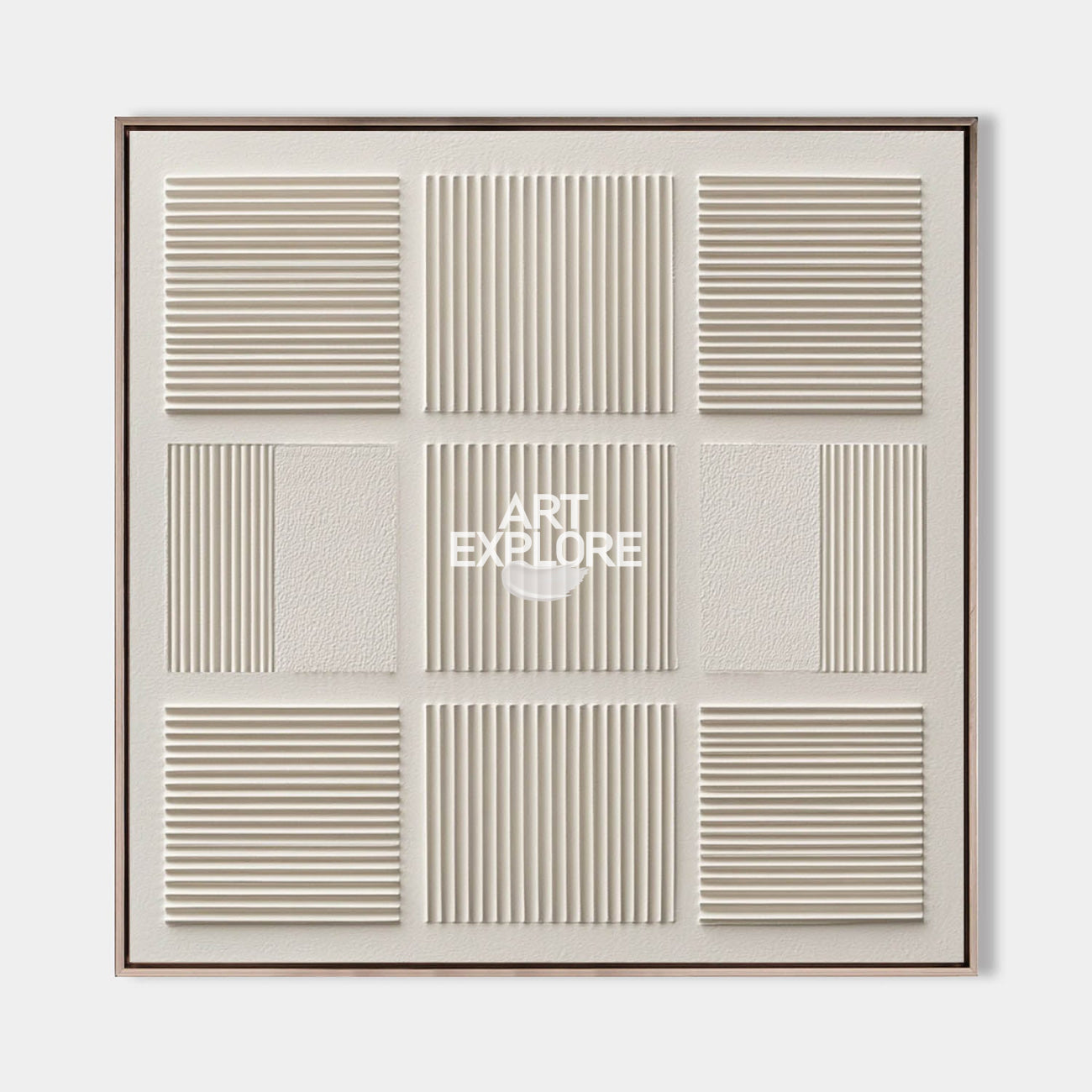 Original hand painted ivory geometric oil painting canvas wall art, raised ridge texture nine-panel grid, nordic scandinavian minimalis