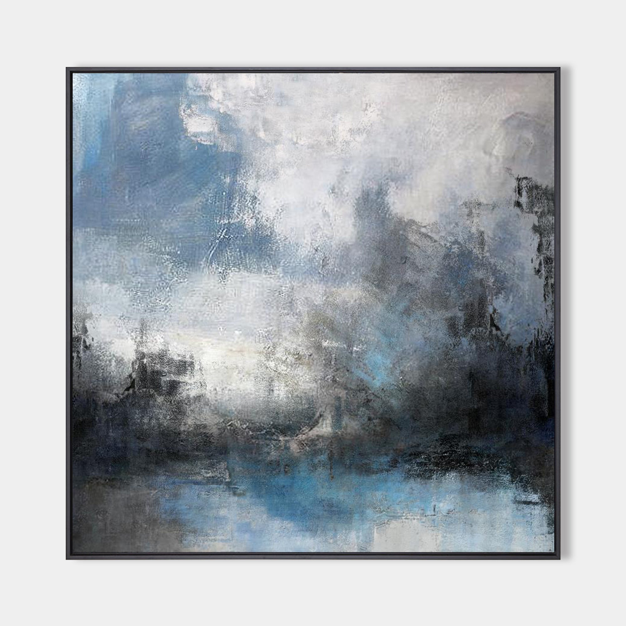 Original hand painted blue grey abstract oil painting canvas wall art, nordic scandinavian atmospheric elegant luxury modern living roo