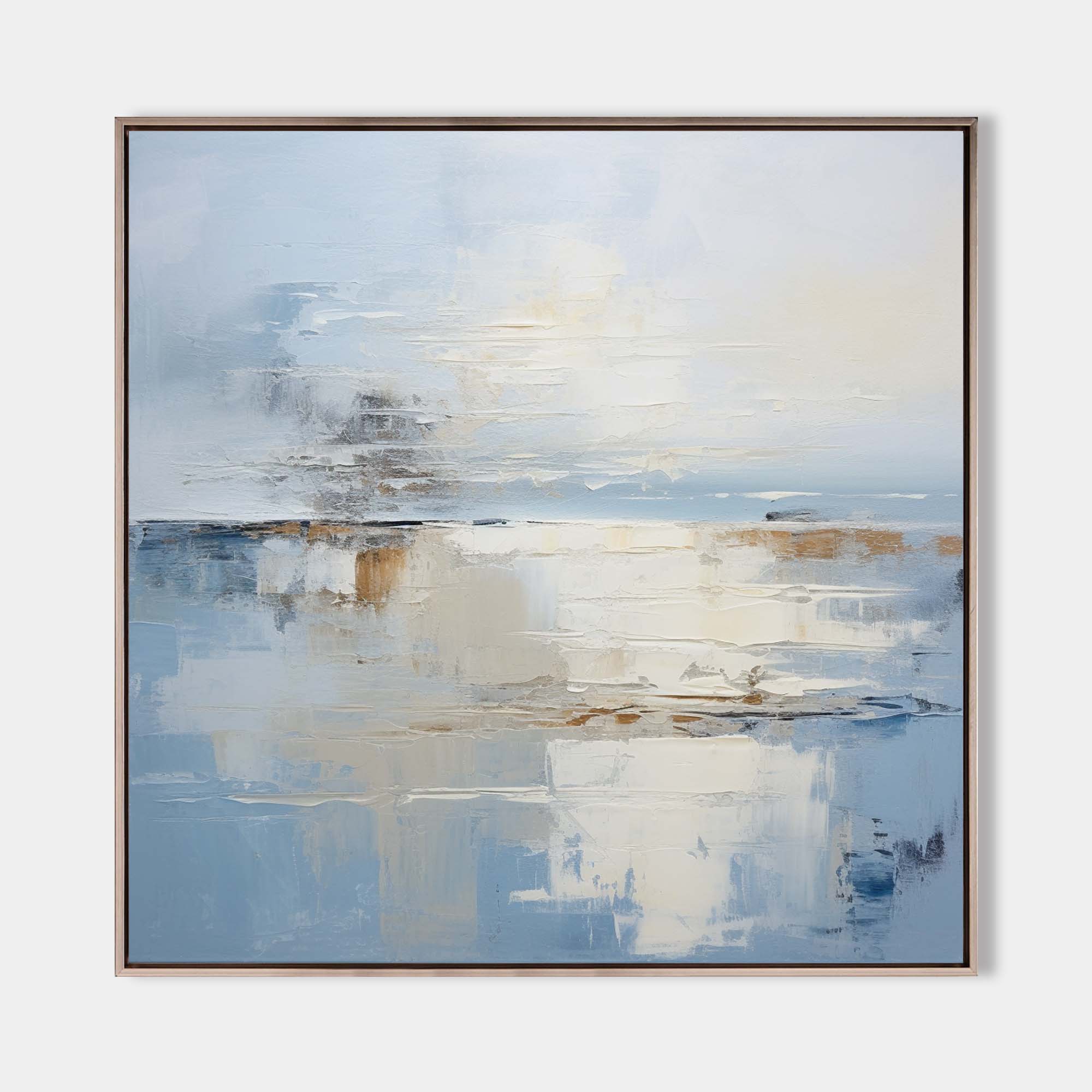 Original hand painted blue ivory gold abstract coastal oil painting canvas wall art, nordic scandinavian minimalist elegant luxury mode