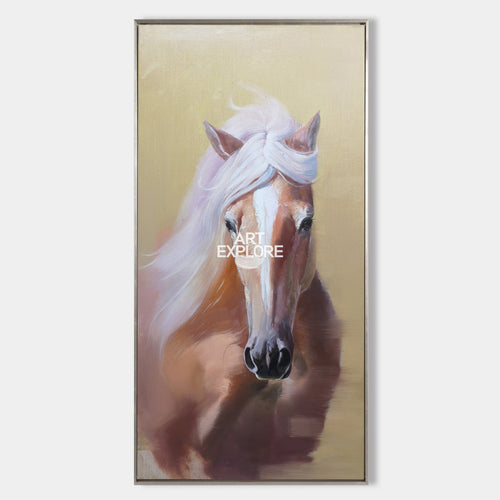Original hand painted palomino horse white mane oil painting canvas wall art, elegant luxury minimalist nordic scandinavian modern livi