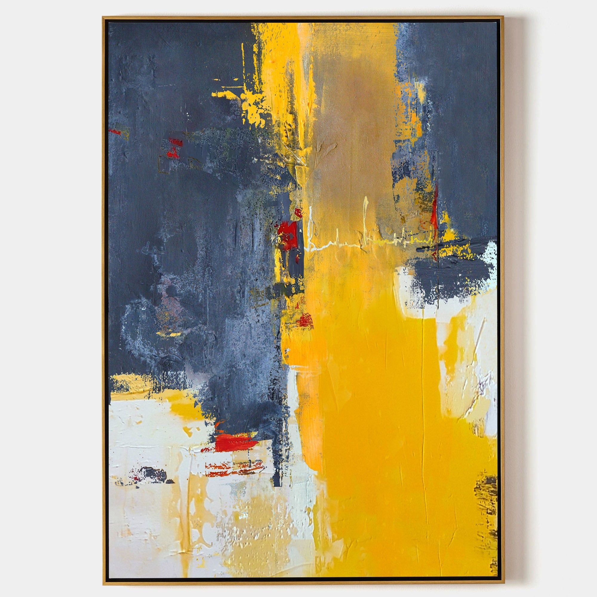 Original hand painted yellow navy blue abstract oil painting canvas wall art, textured modern scandinavian elegant luxury bold living r