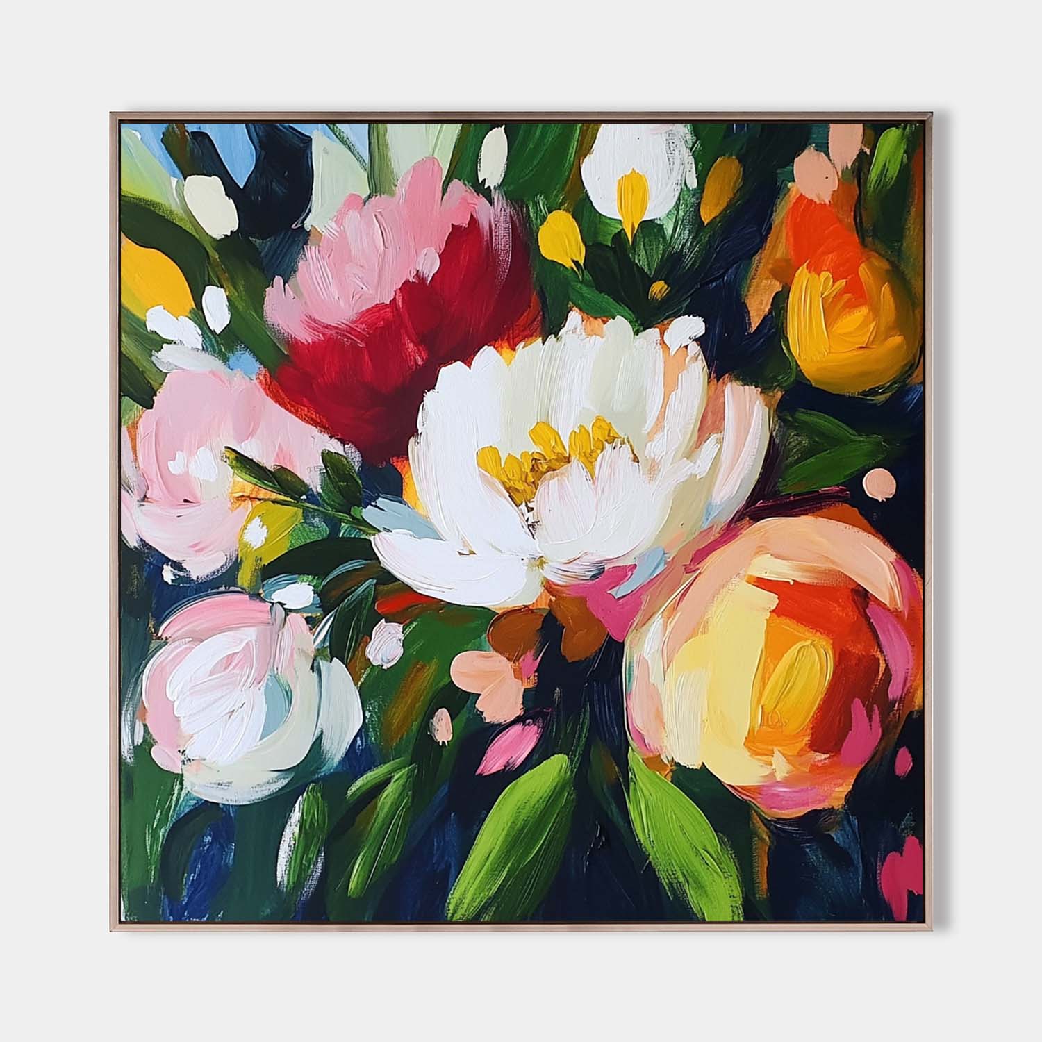 Original hand painted abstract floral oil painting, white peonies pink red yellow blooms navy canvas, elegant luxury modern botanical h