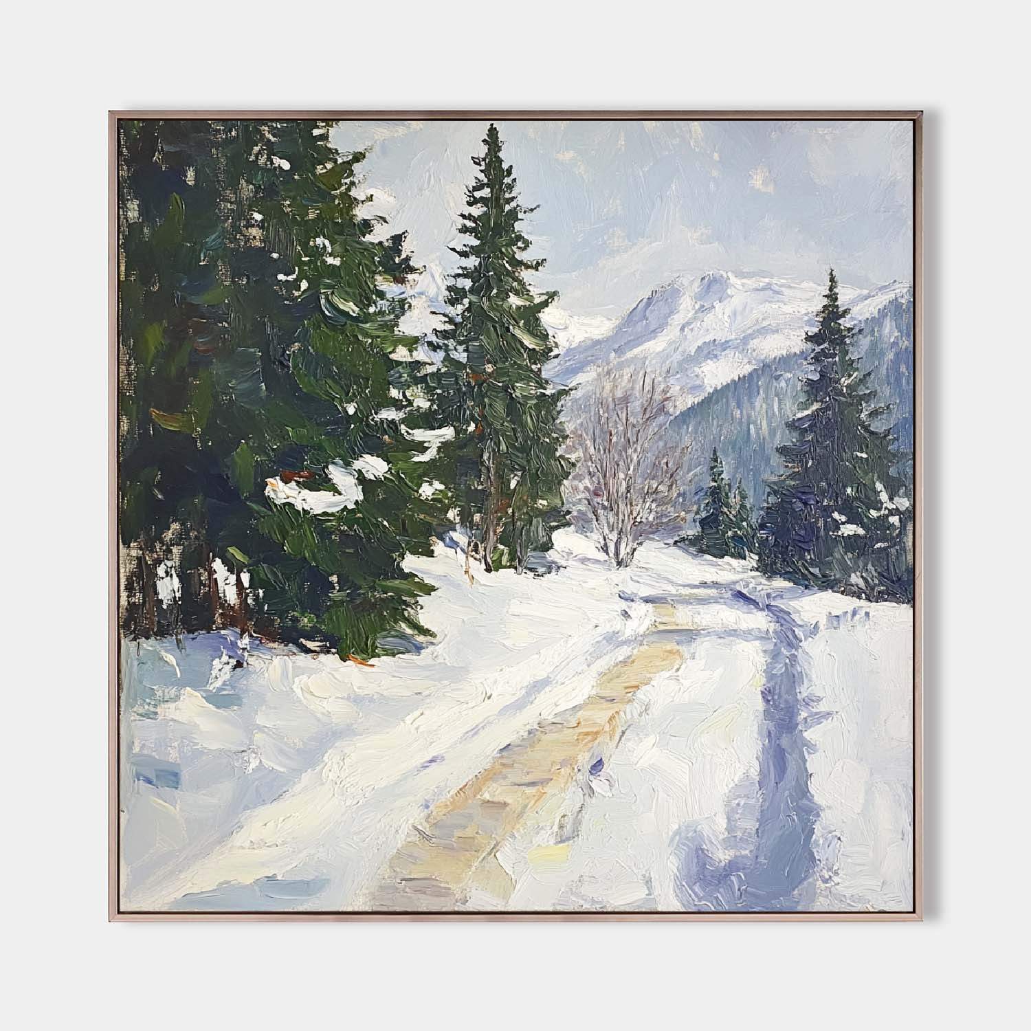 Original hand painted winter mountain landscape oil painting canvas, snowy pine forest path, nordic scandinavian elegant luxury modern