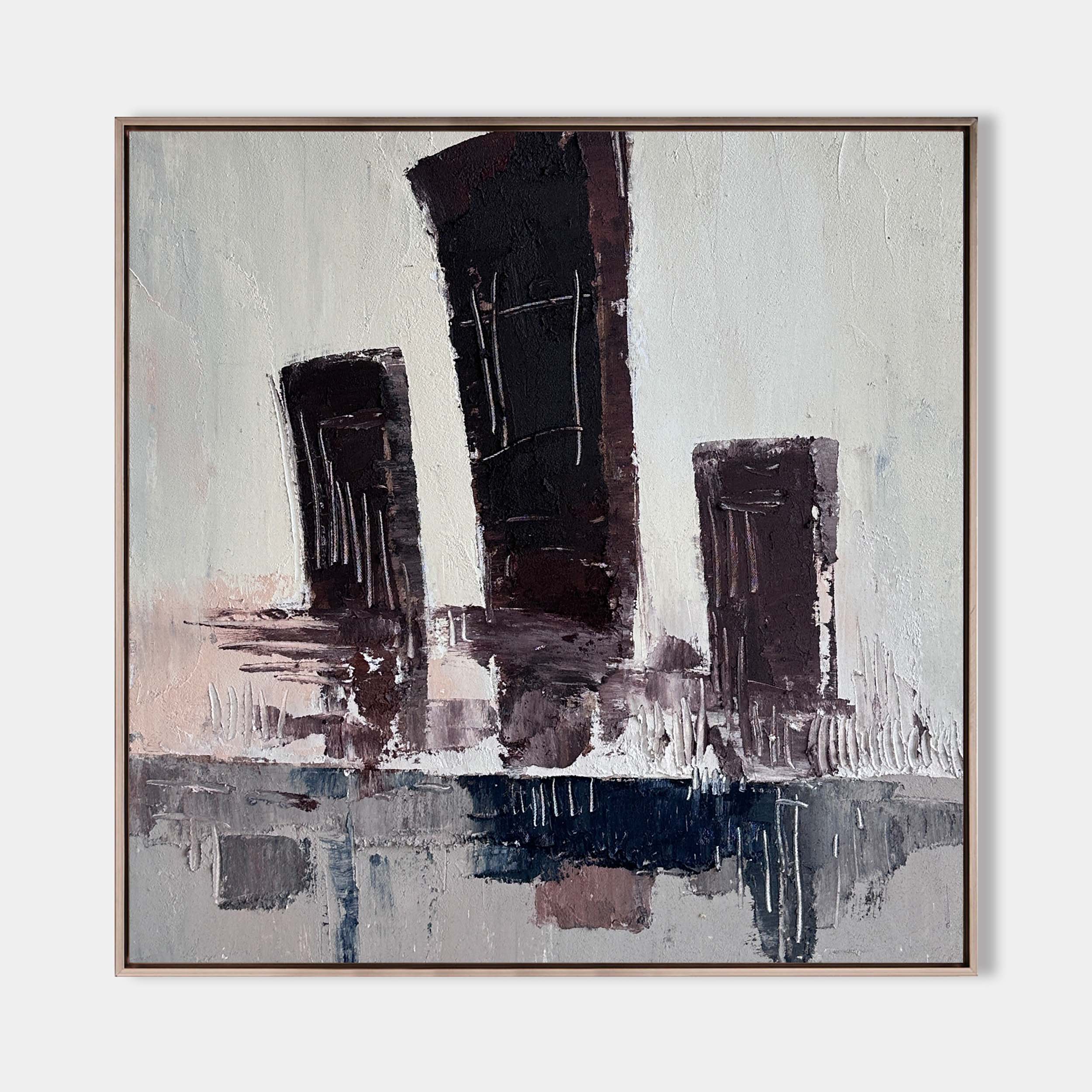 Original hand painted dark abstract oil painting canvas wall art, monochrome architectural silhouettes, nordic scandinavian elegant lux