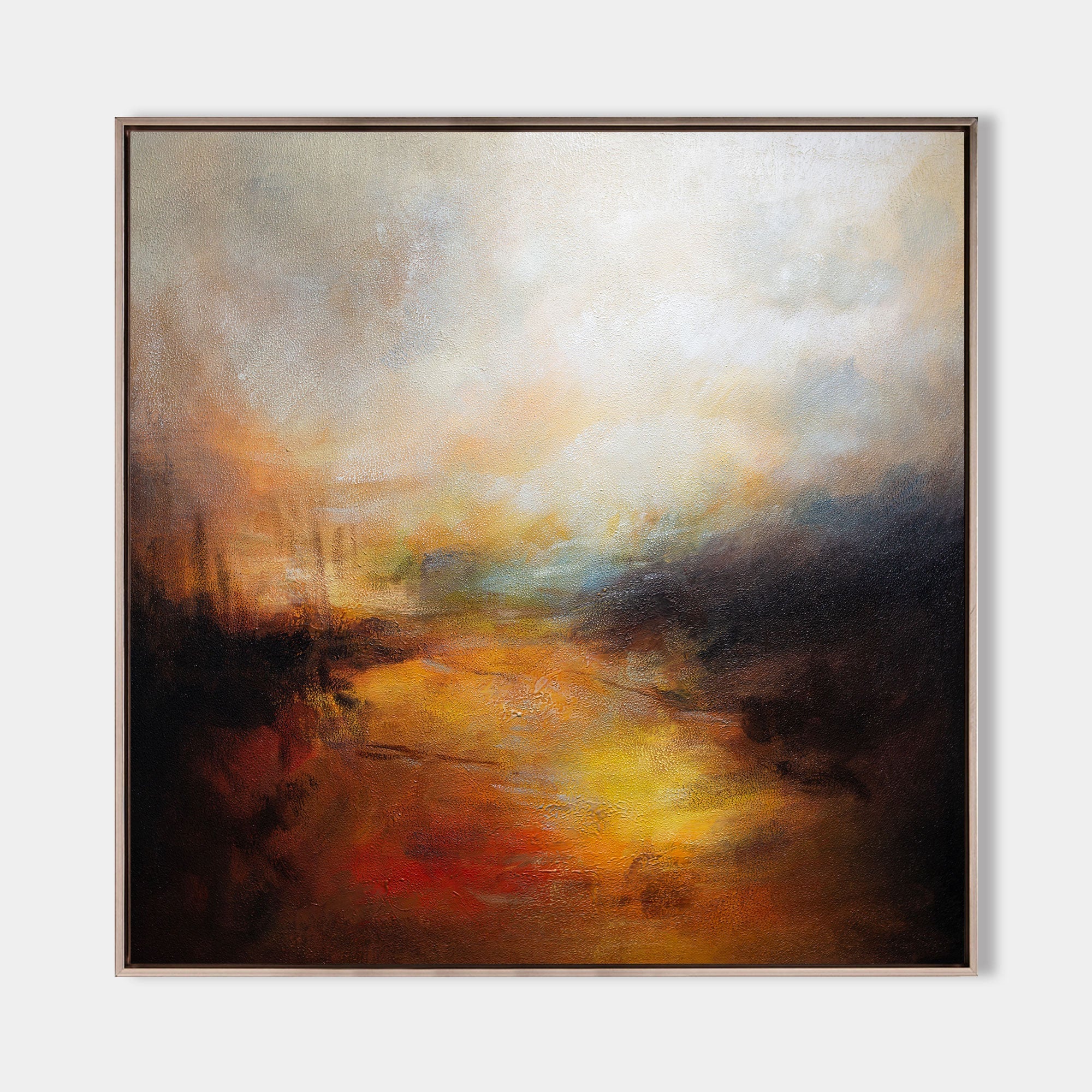 Original hand painted amber golden abstract landscape oil painting canvas wall art, elegant luxury modern nordic scandinavian home deco