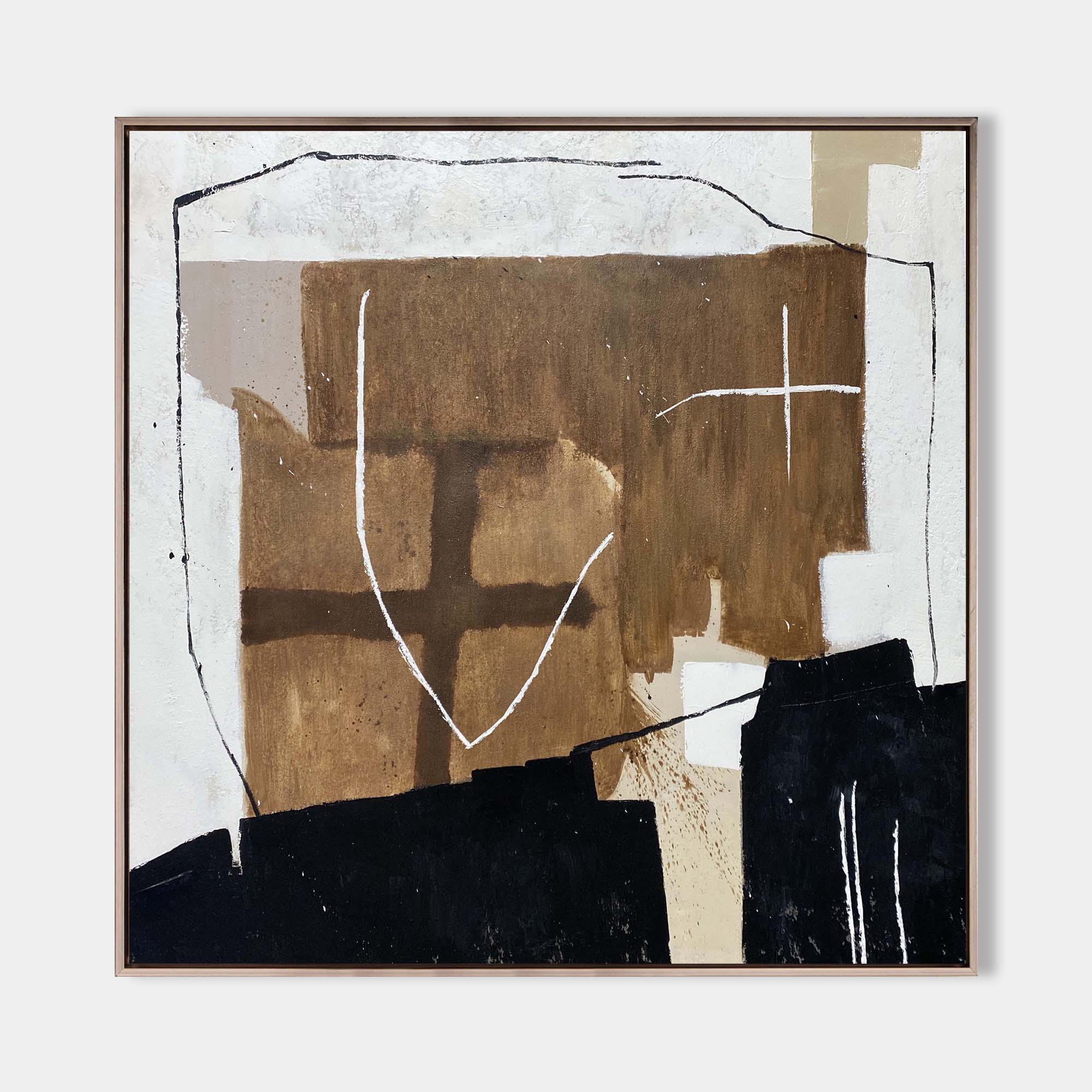 Original hand painted sienna brown black abstract oil painting canvas wall art, nordic scandinavian elegant luxury modern living room h