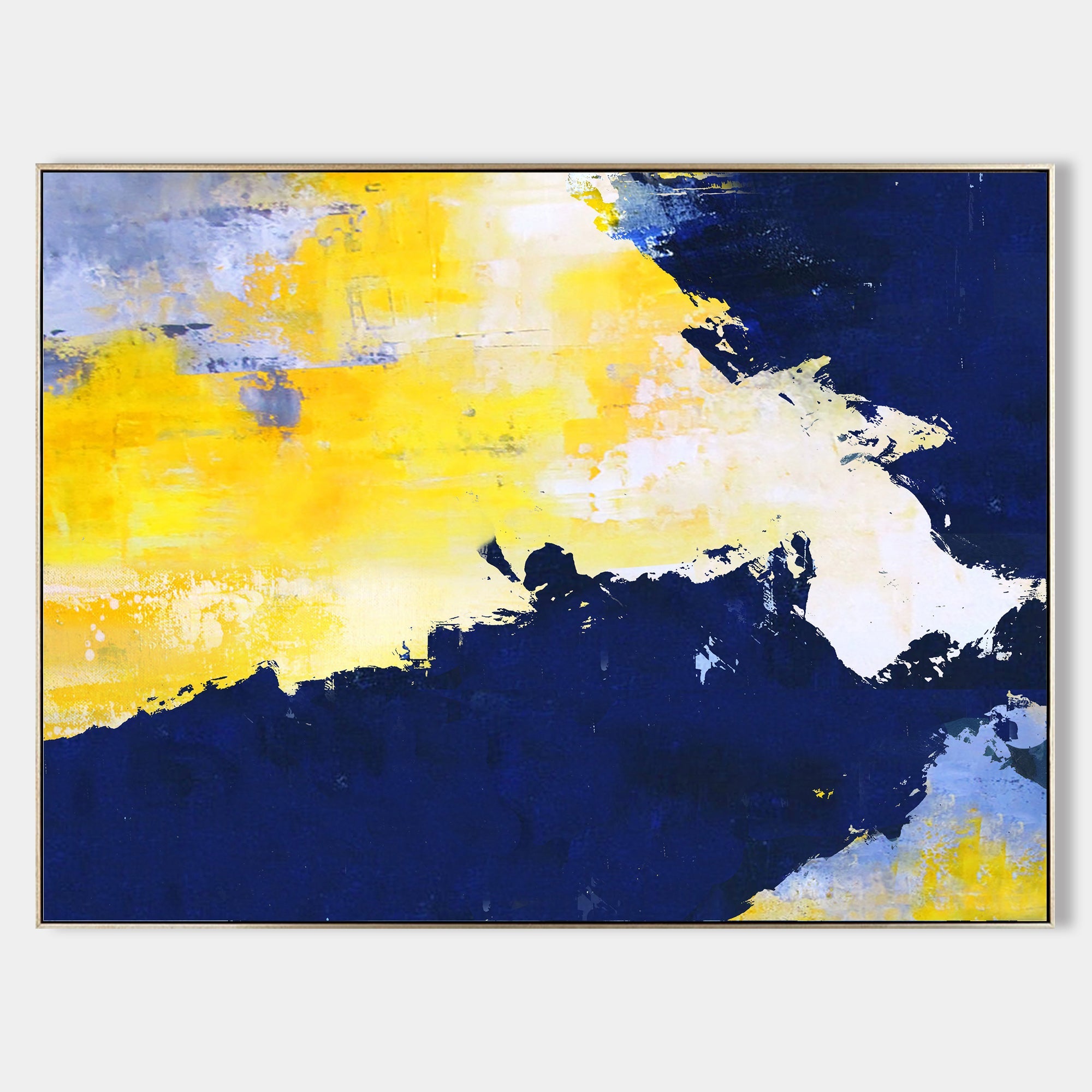 Original hand painted navy blue golden yellow abstract oil painting canvas wall art, modern scandinavian elegant luxury bold home decor