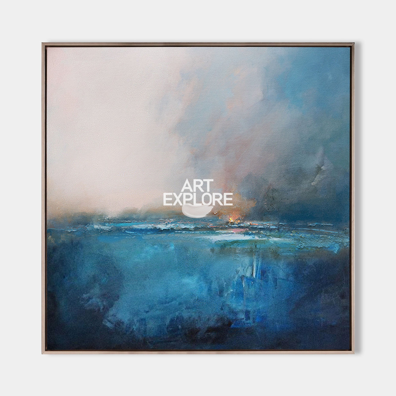 Original hand painted deep blue abstract coastal oil painting canvas wall art, stormy sky nordic scandinavian elegant luxury modern hom