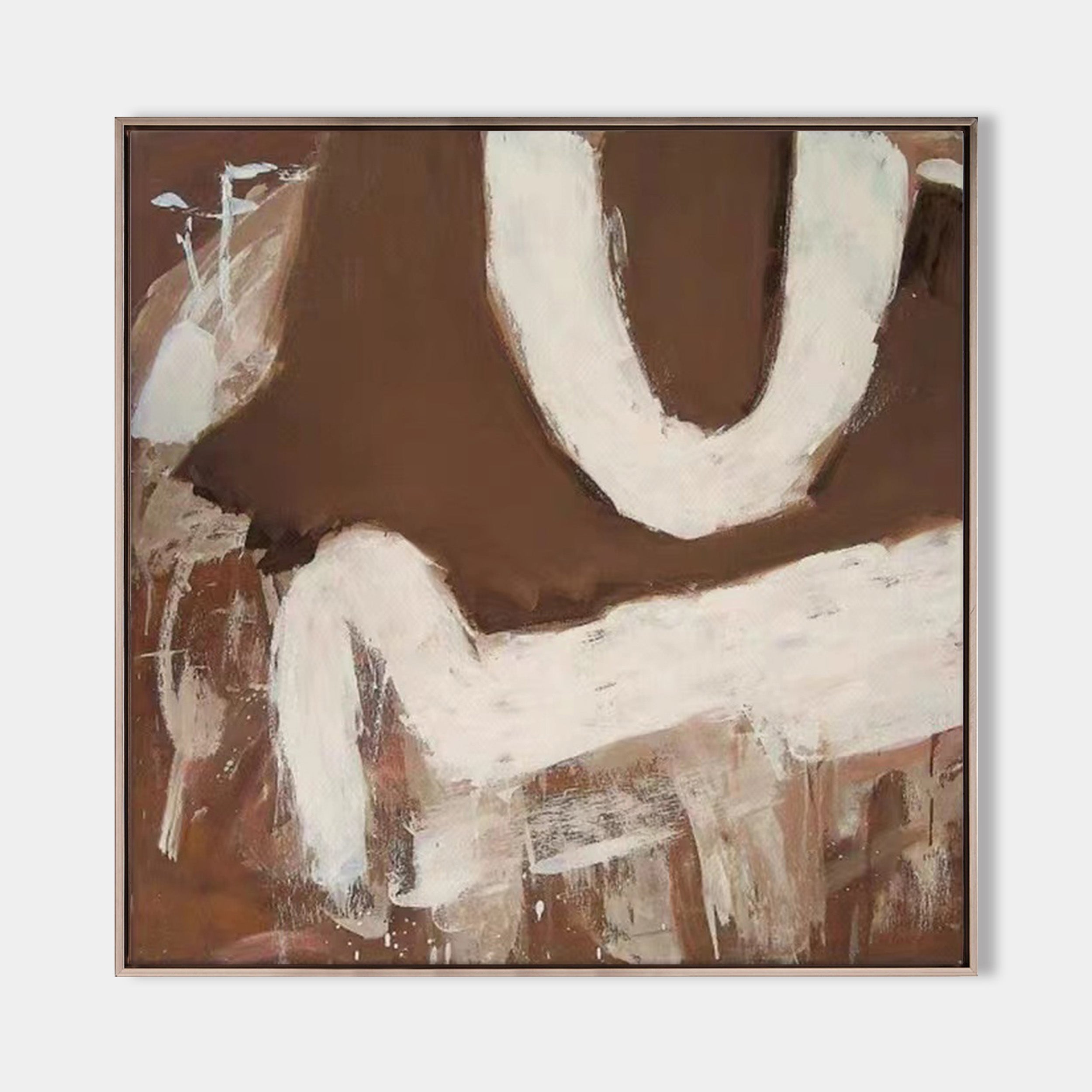 Original hand painted brown sienna abstract oil painting bold white brushstrokes canvas wall art nordic scandinavian minimalist elegant