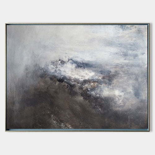 Original hand painted stormy grey charcoal abstract mountain oil painting canvas wall art, nordic scandinavian elegant luxury modern li