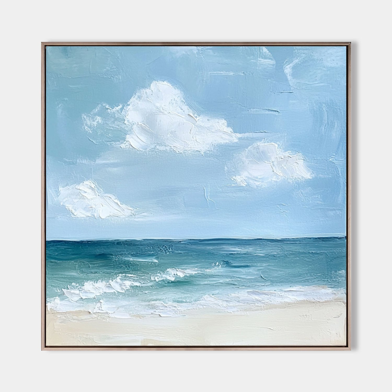 Original hand painted teal blue coastal ocean oil painting canvas wall art, nordic scandinavian minimalist elegant luxury modern living