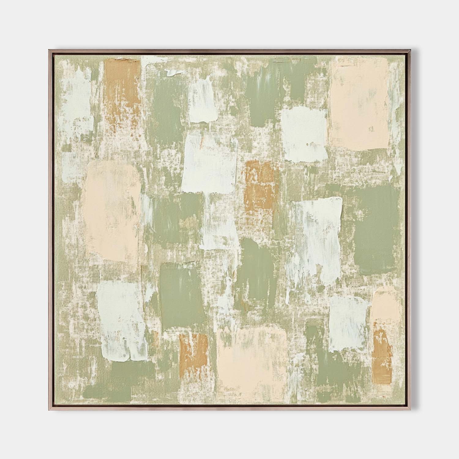 Original hand painted sage green abstract oil painting canvas, warm gold cream brushstroke textures, minimalist nordic scandinavian ele