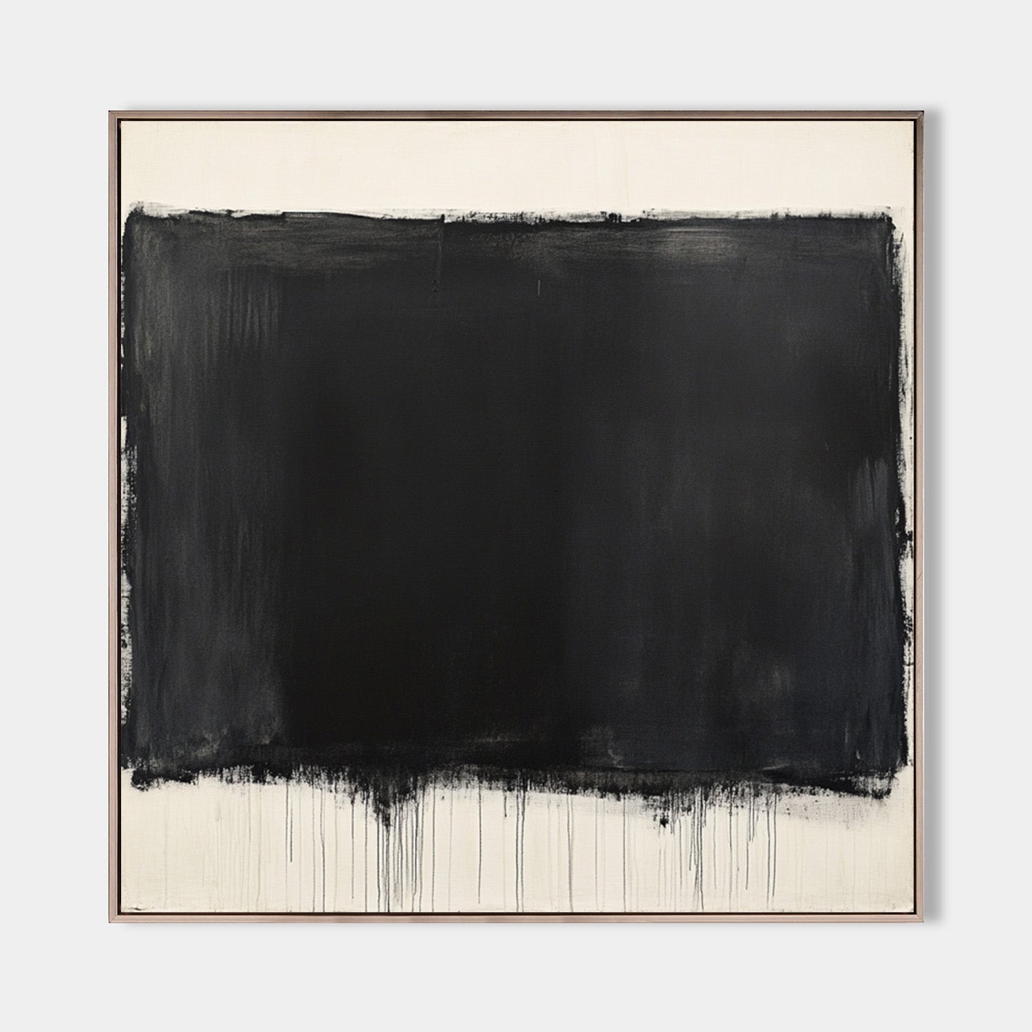Original hand painted black abstract oil painting canvas, bold onyx block with dripping edges on ivory, minimalist nordic scandinavian