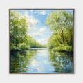 Original hand painted green river landscape oil painting canvas wall art, elegant luxury modern nordic scandinavian living room interio