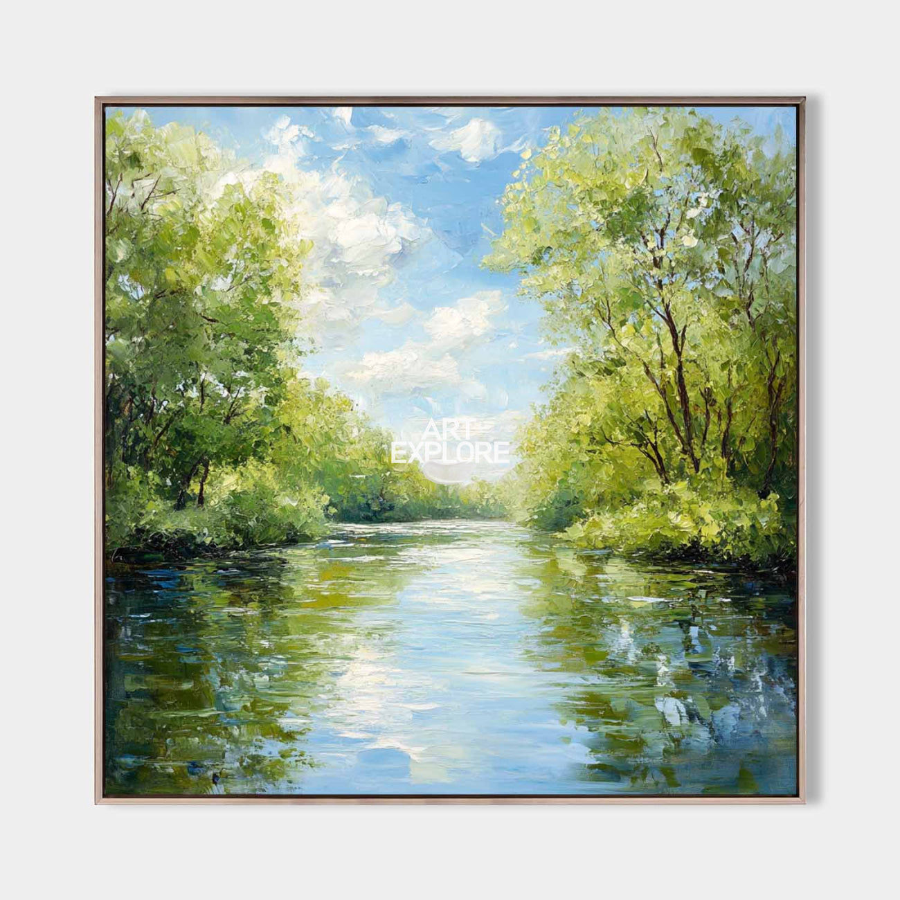 Original hand painted green river landscape oil painting canvas wall art, elegant luxury modern nordic scandinavian living room interio