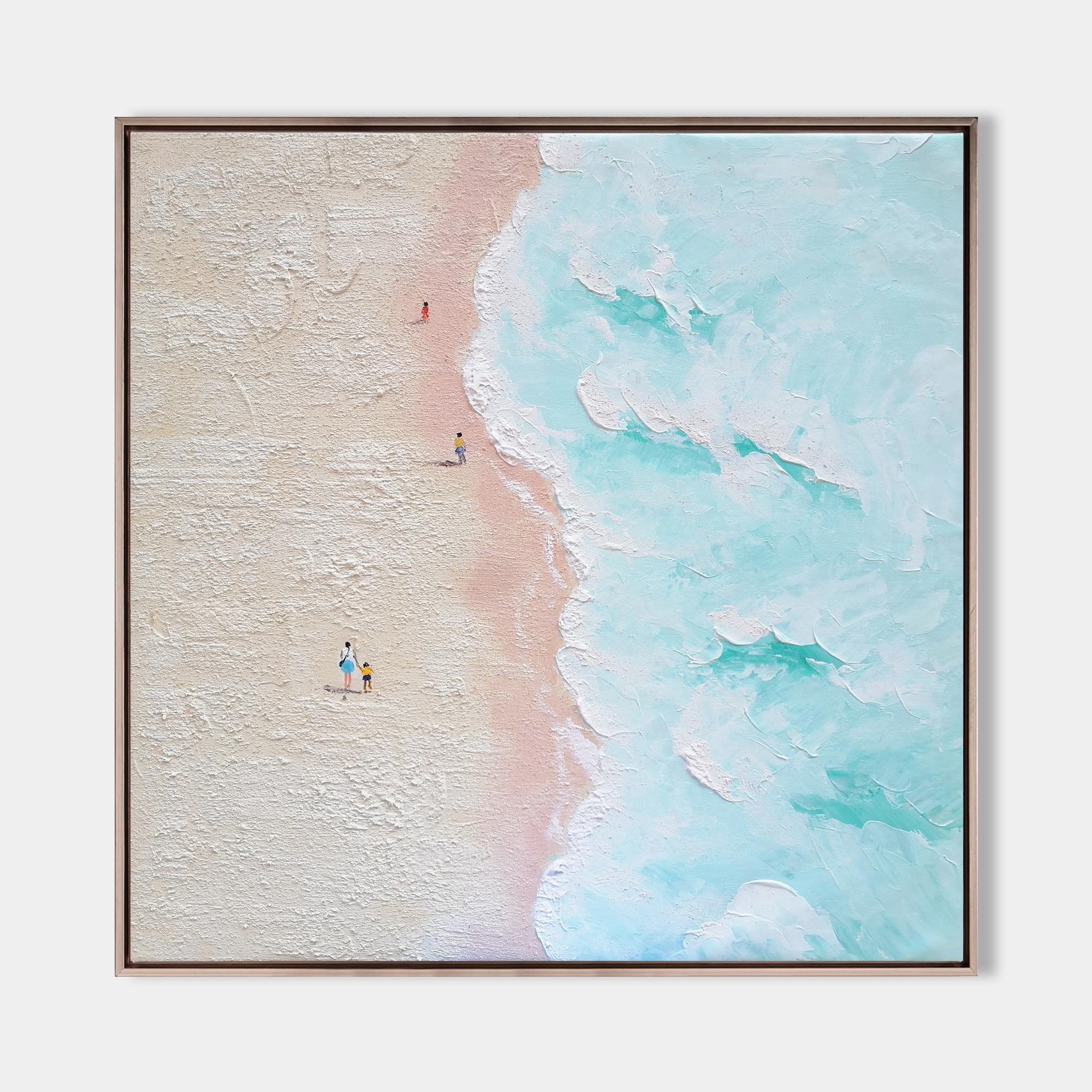 Original hand painted blush pink coastal oil painting canvas wall art, turquoise ocean waves, nordic scandinavian minimalist elegant lu