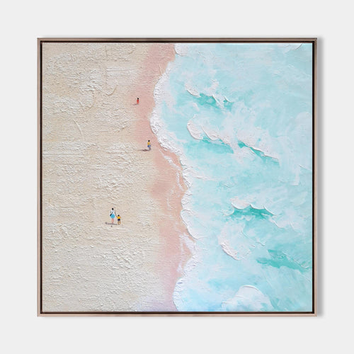 Original hand painted blush pink coastal oil painting canvas wall art, turquoise ocean waves, nordic scandinavian minimalist elegant lu