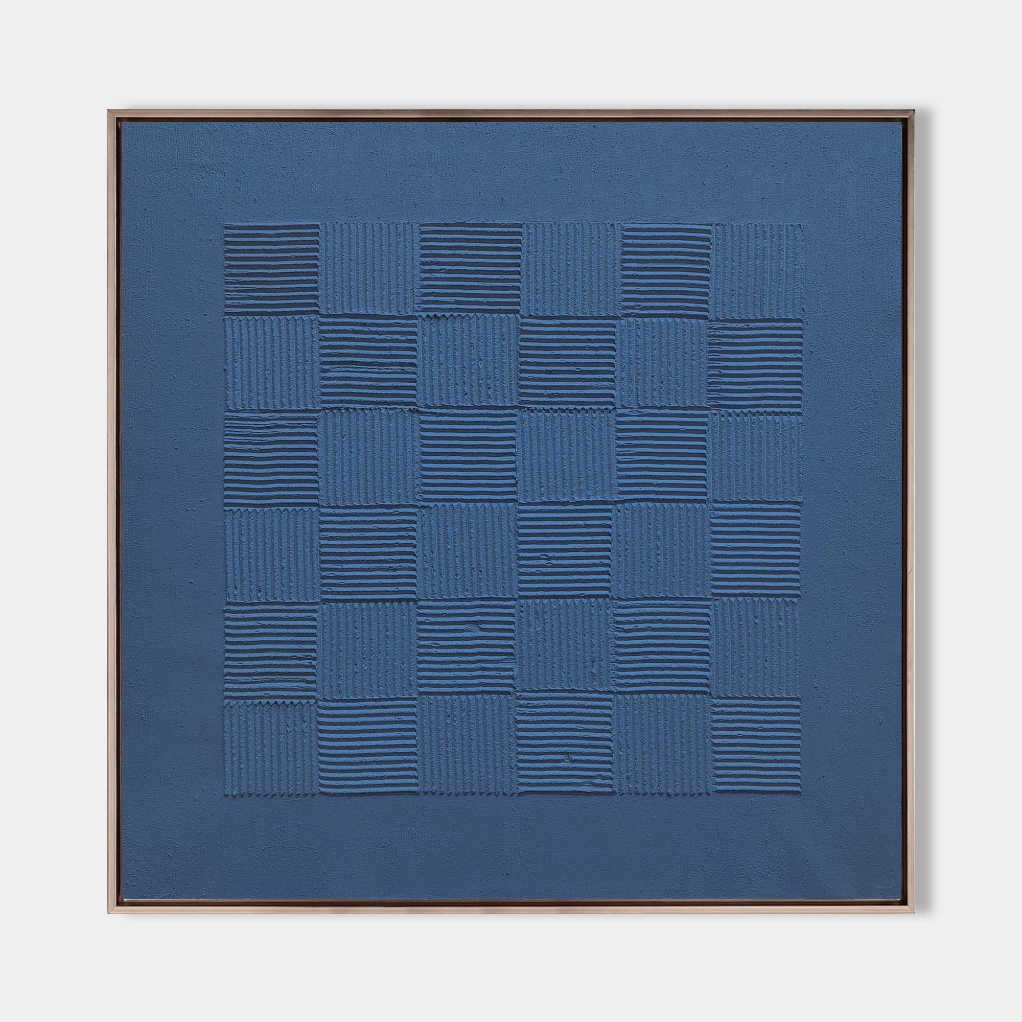 Original hand painted slate blue geometric grid oil painting canvas wall art, nordic scandinavian minimalist elegant luxury modern home