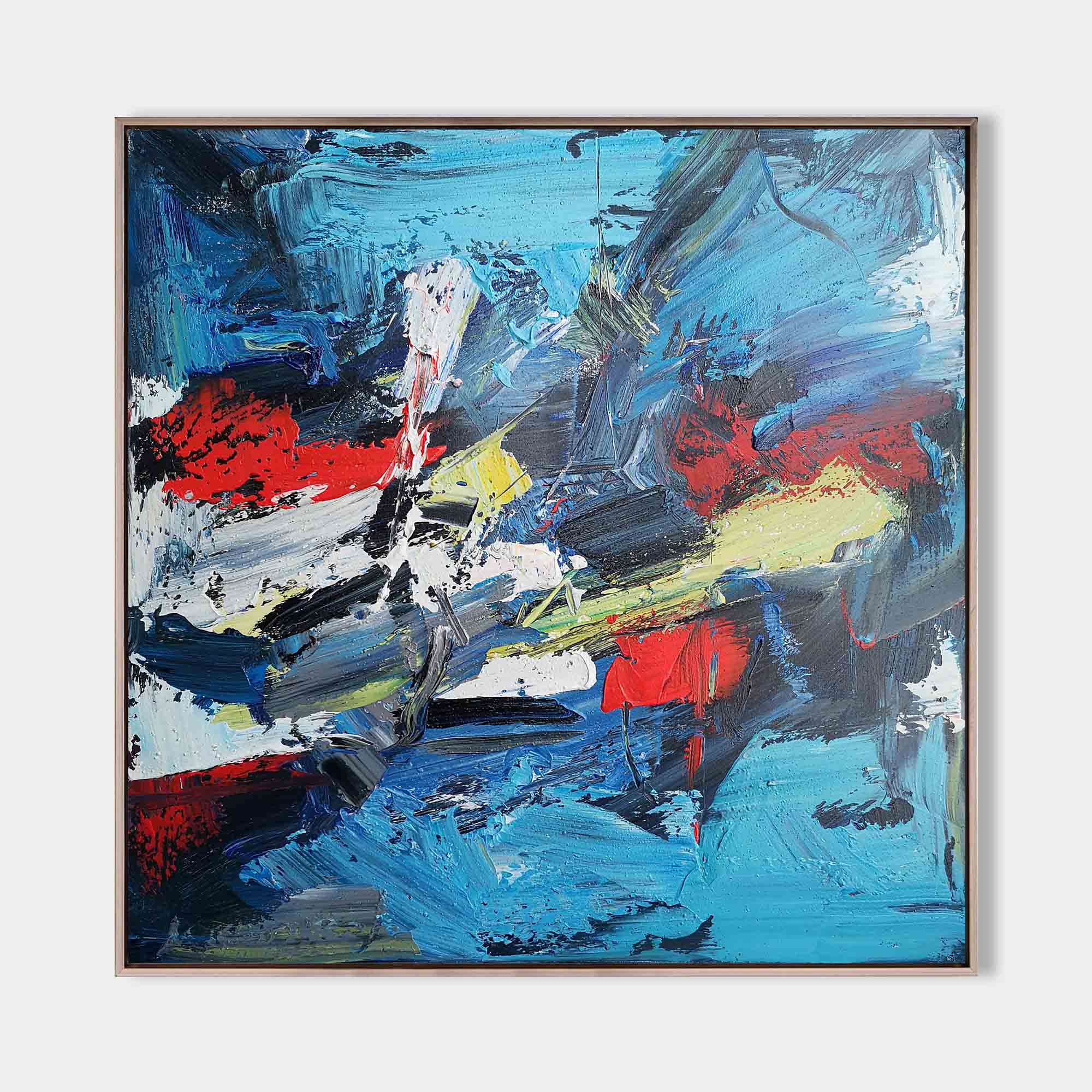 Original hand painted blue red abstract oil painting canvas wall art, bold expressive strokes, modern elegant luxury nordic scandinavia