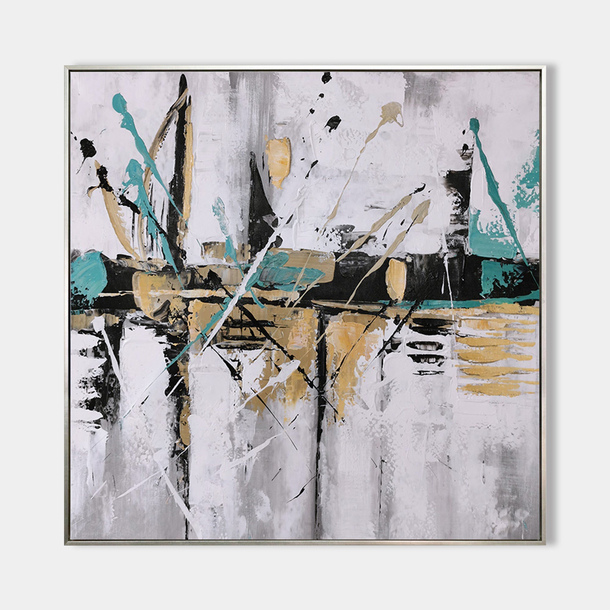 Original hand painted teal gold black abstract oil painting canvas wall art, modern nordic scandinavian elegant luxury living room inte
