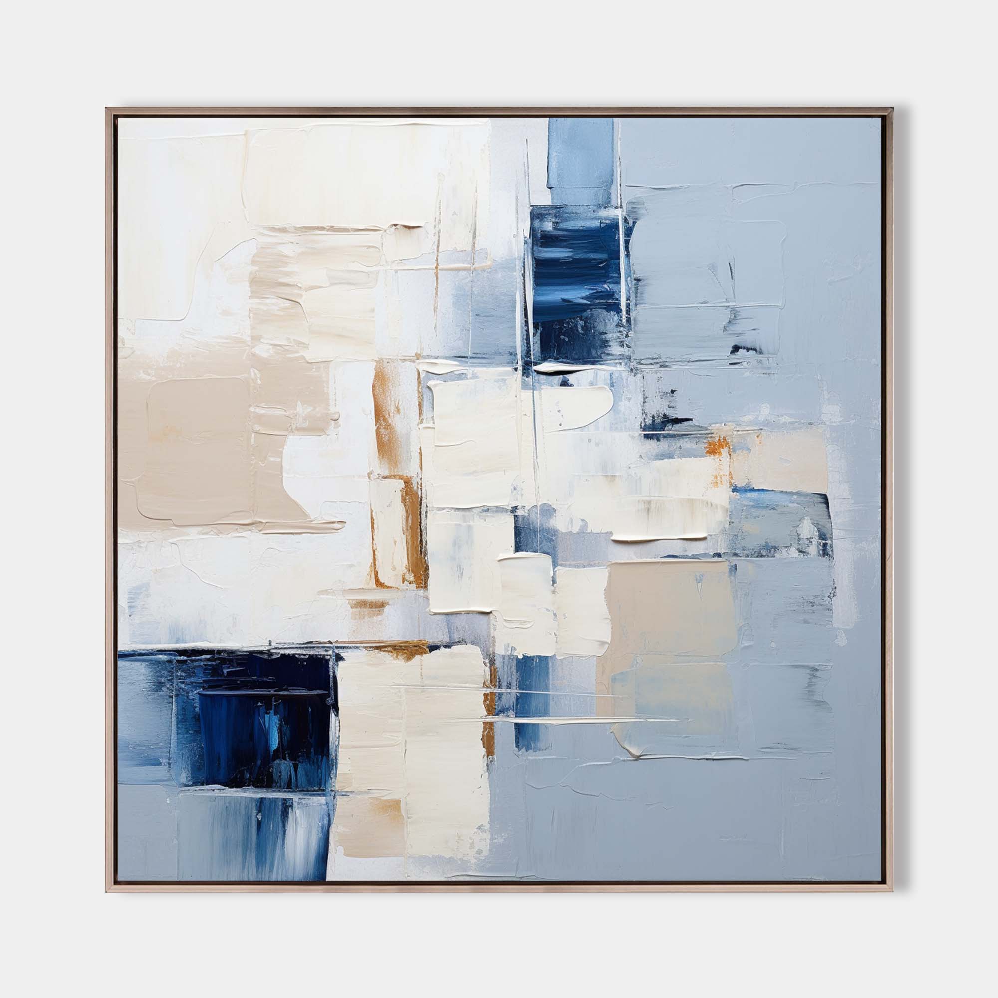 Original hand painted slate blue ivory abstract oil painting canvas wall art, nordic scandinavian elegant luxury modern geometric minim