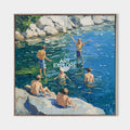 Original hand painted teal coastal oil painting canvas, boys swimming rocky shore, elegant luxury modern nordic scandinavian home decor