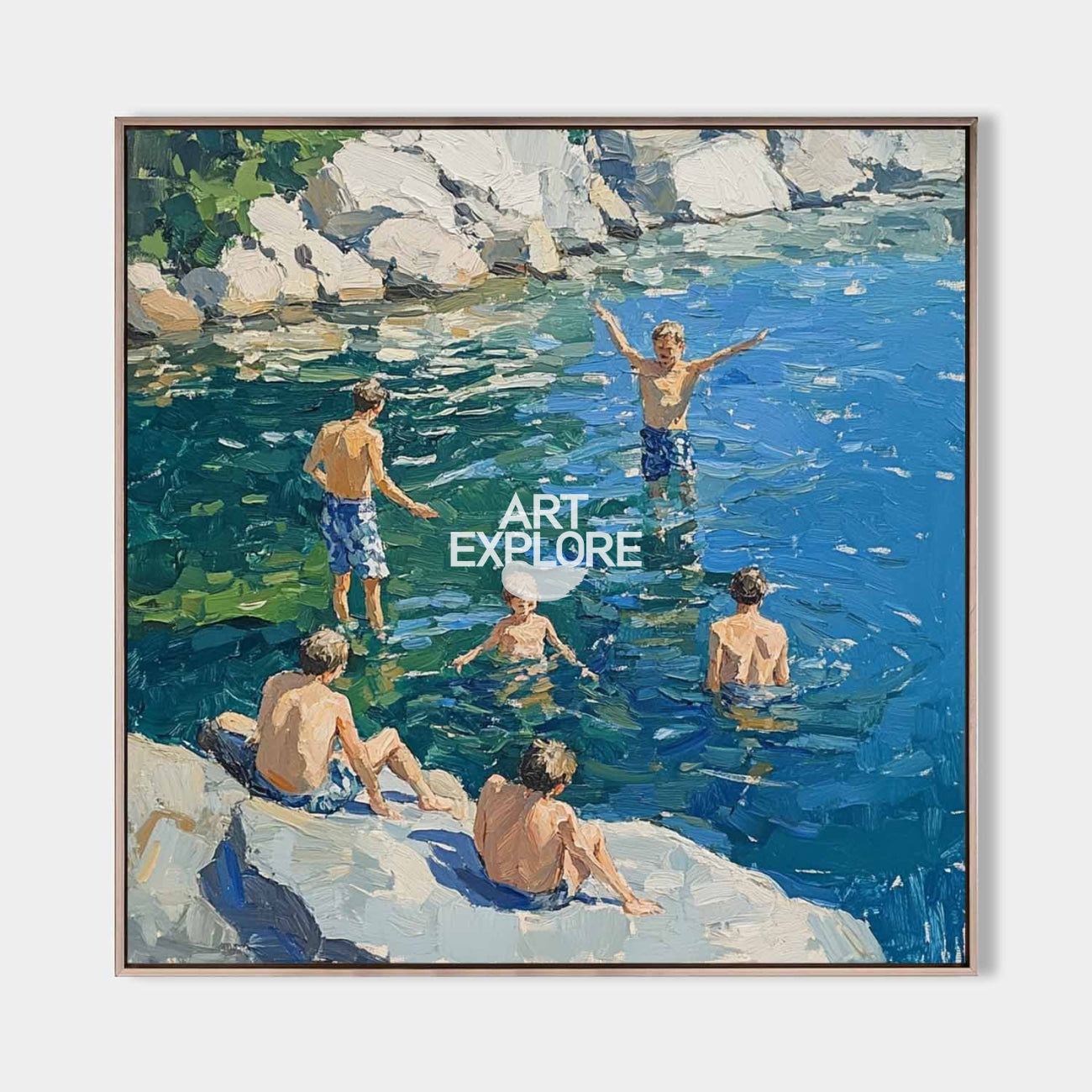 Original hand painted teal coastal oil painting canvas, boys swimming rocky shore, elegant luxury modern nordic scandinavian home decor